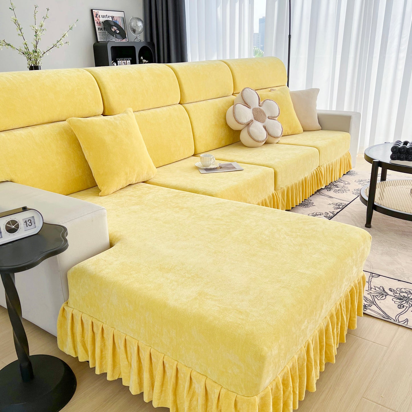 Universal Elastic Skirt Sofa Slipcover, Stretch Sofa Cushion Cover For Bedroom Office Living Room in vibrant yellow on modern sofa