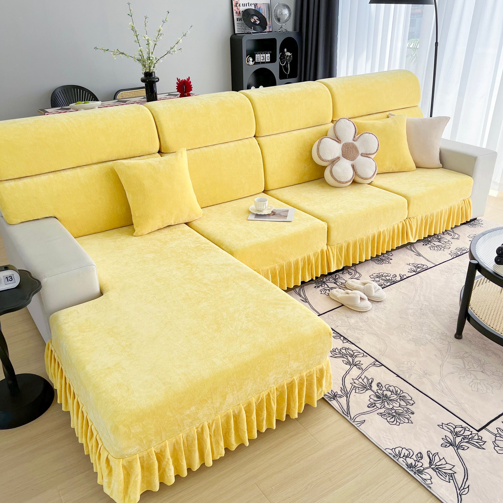 Universal Elastic Skirt Sofa Slipcover, Stretch Sofa Cushion Cover For Bedroom Office Living Room in yellow chenille fabric