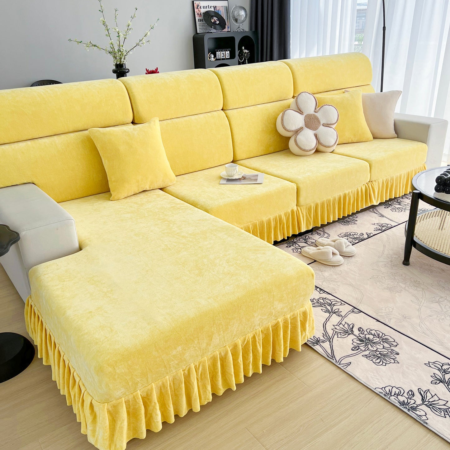 Universal Elastic Skirt Sofa Slipcover, Stretch Sofa Cushion Cover For Bedroom Office Living Room in vibrant yellow chenille.