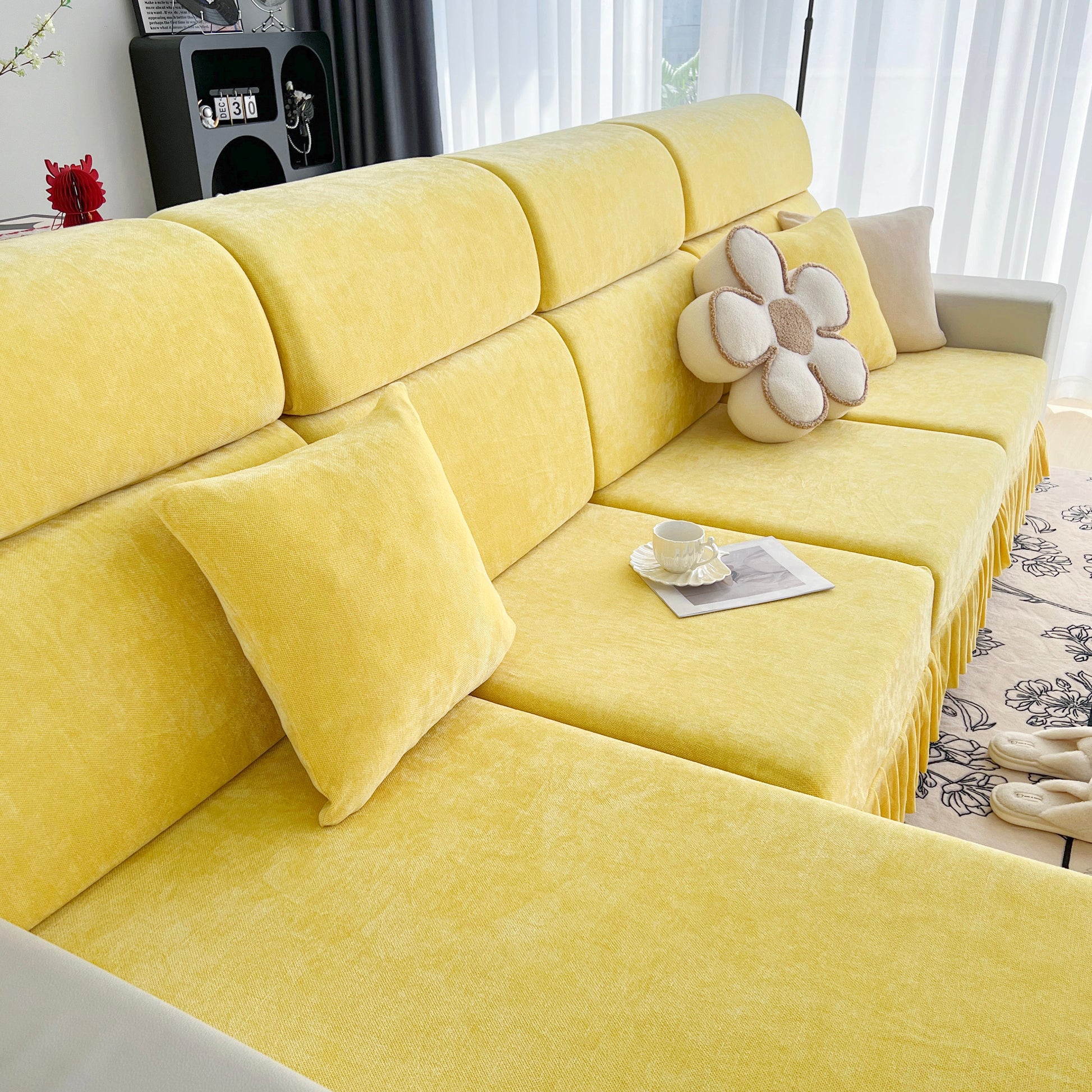 Universal Elastic Skirt Sofa Slipcover, Stretch Sofa Cushion Cover For Bedroom Office Living Room on yellow sofa