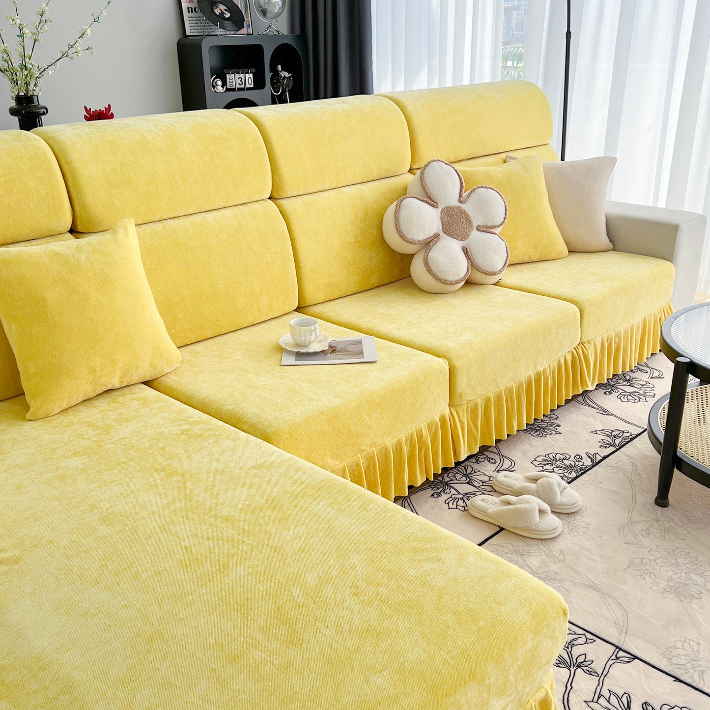 Universal Elastic Skirt Sofa Slipcover, Stretch Sofa Cushion Cover For Bedroom Office Living Room on yellow sofa with decor.