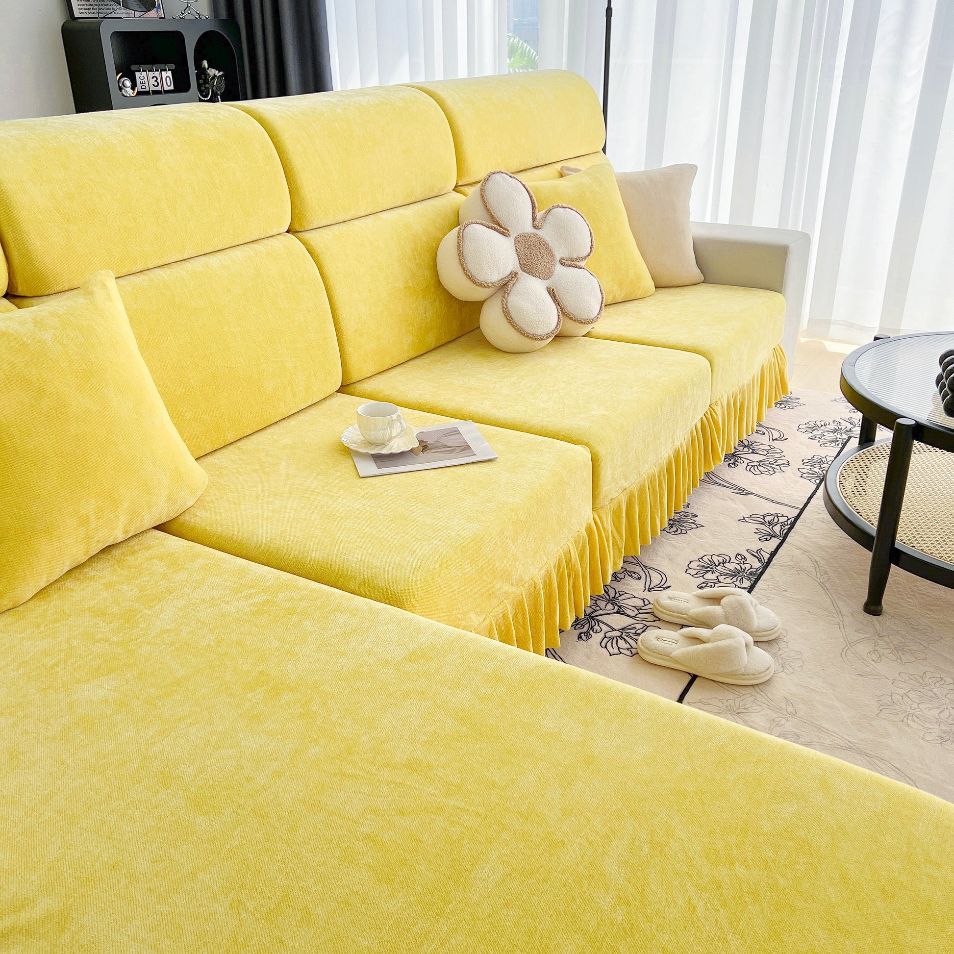 Universal Elastic Skirt Sofa Slipcover in vibrant yellow for living room, showcasing elegant design and superior protection.