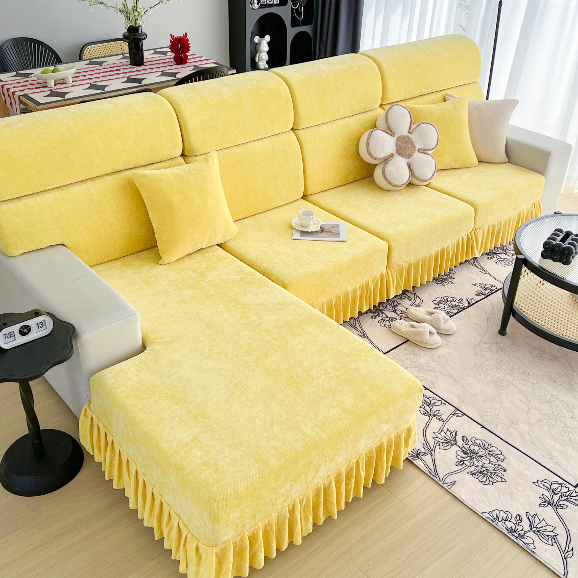 Universal Elastic Skirt Sofa Slipcover, Stretch Sofa Cushion Cover For Bedroom Office Living Room in yellow on sectional sofa