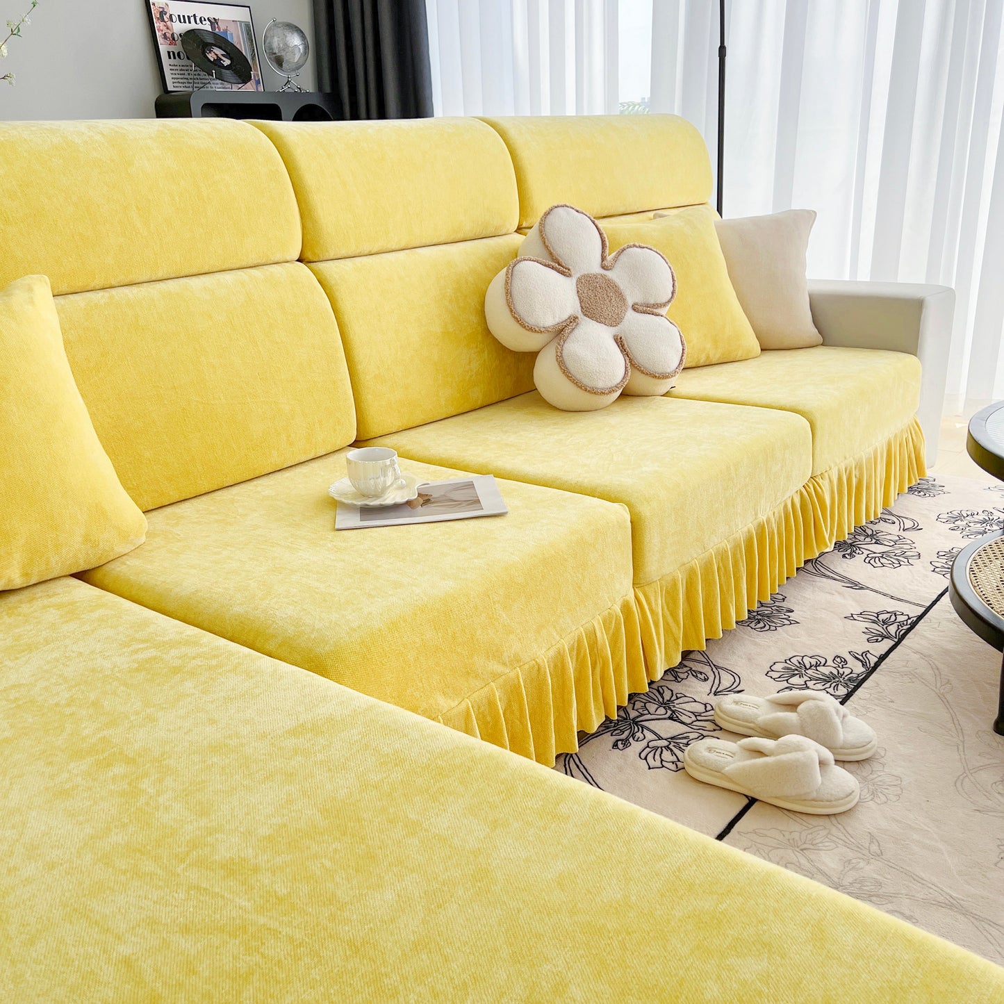 Universal Elastic Skirt Sofa Slipcover, Stretch Sofa Cushion Cover For Bedroom Office Living Room in yellow chenille