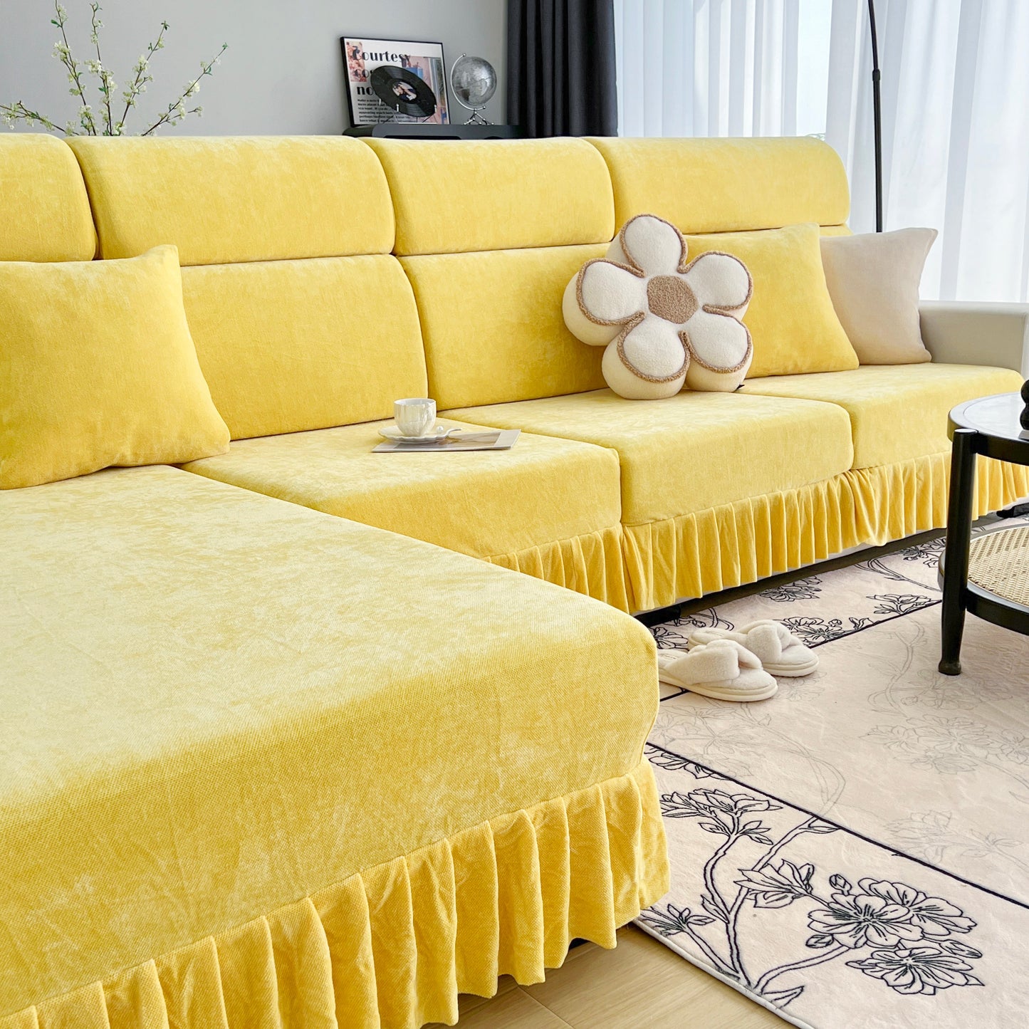 Universal Elastic Skirt Sofa Slipcover, Stretch Sofa Cushion Cover For Bedroom Office Living Room on yellow sectional sofa