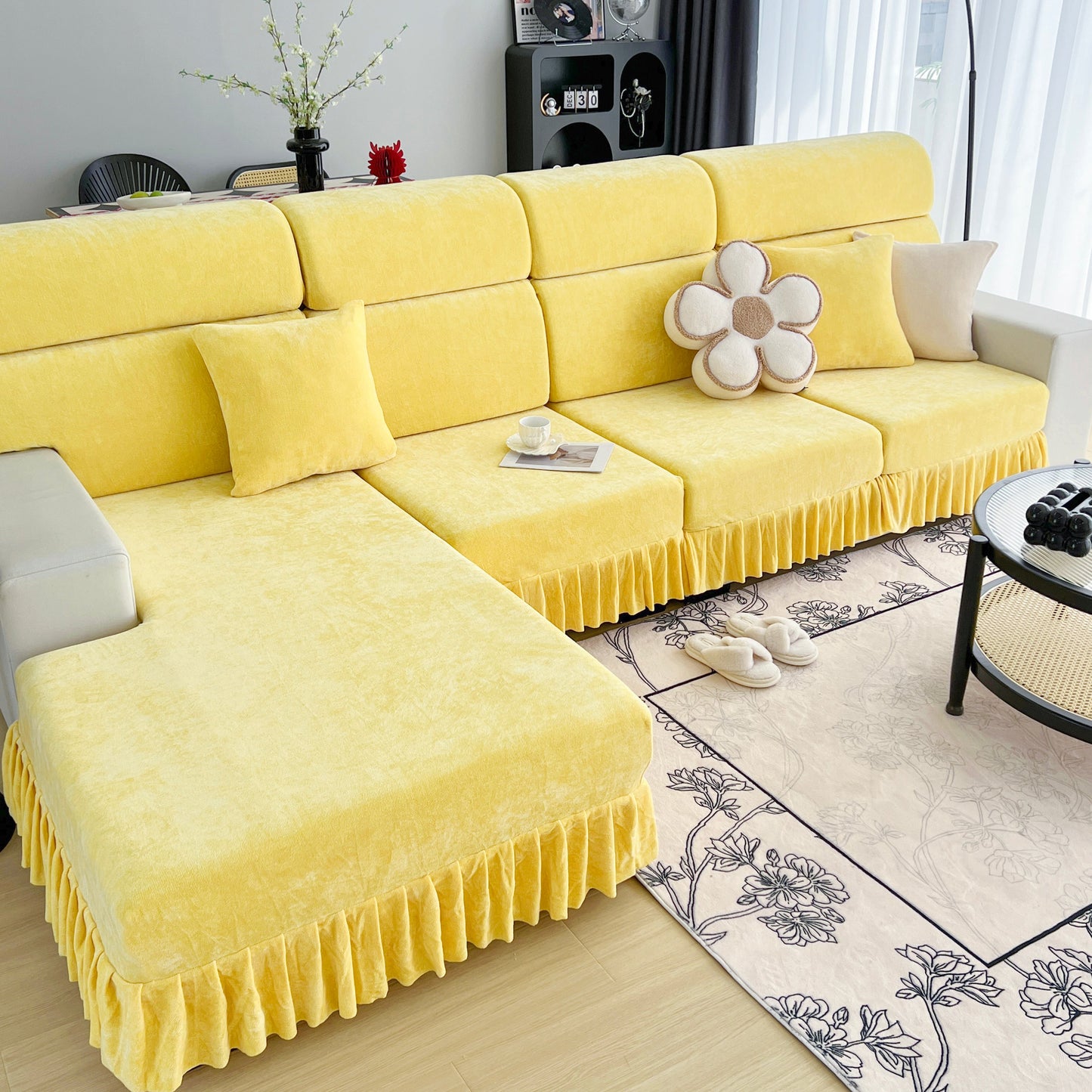 Universal Elastic Skirt Sofa Slipcover, Stretch Sofa Cushion Cover For Bedroom Office Living Room on a yellow sectional sofa