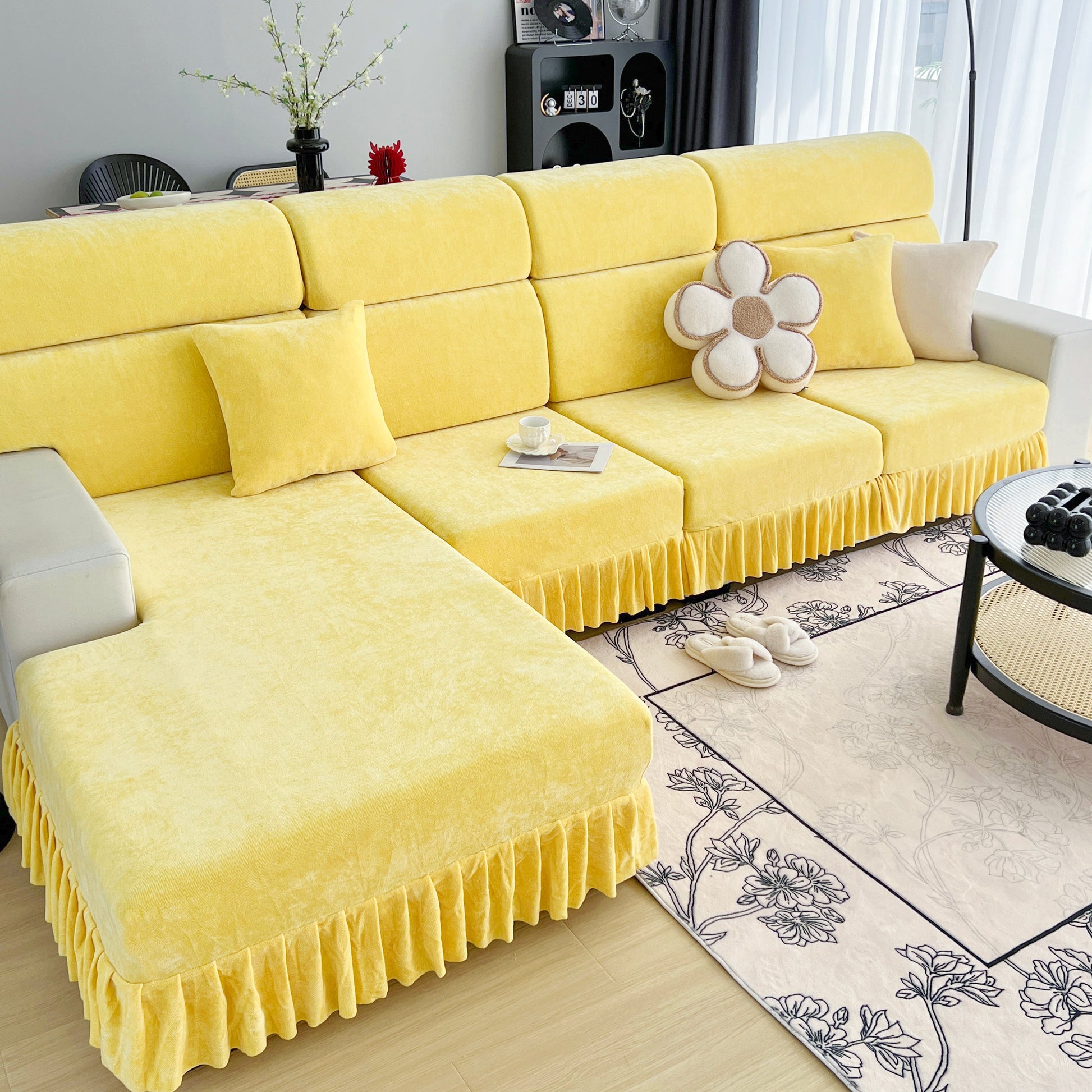 Universal Elastic Skirt Sofa Slipcover, Stretch Sofa Cushion Cover For Bedroom Office Living Room on a yellow sectional sofa