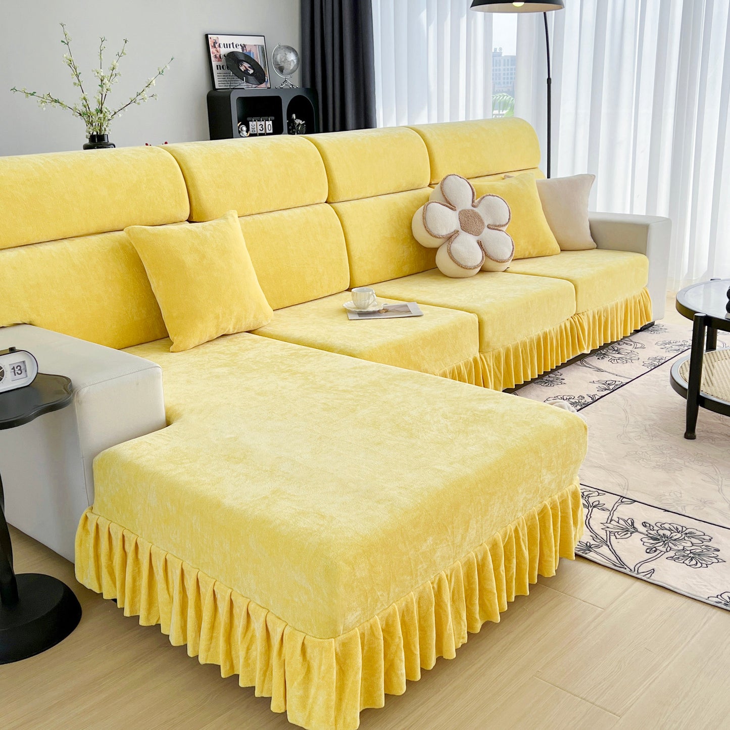 Universal Elastic Skirt Sofa Slipcover, Stretch Sofa Cushion Cover For Bedroom Office Living Room in vibrant yellow on modern sofa