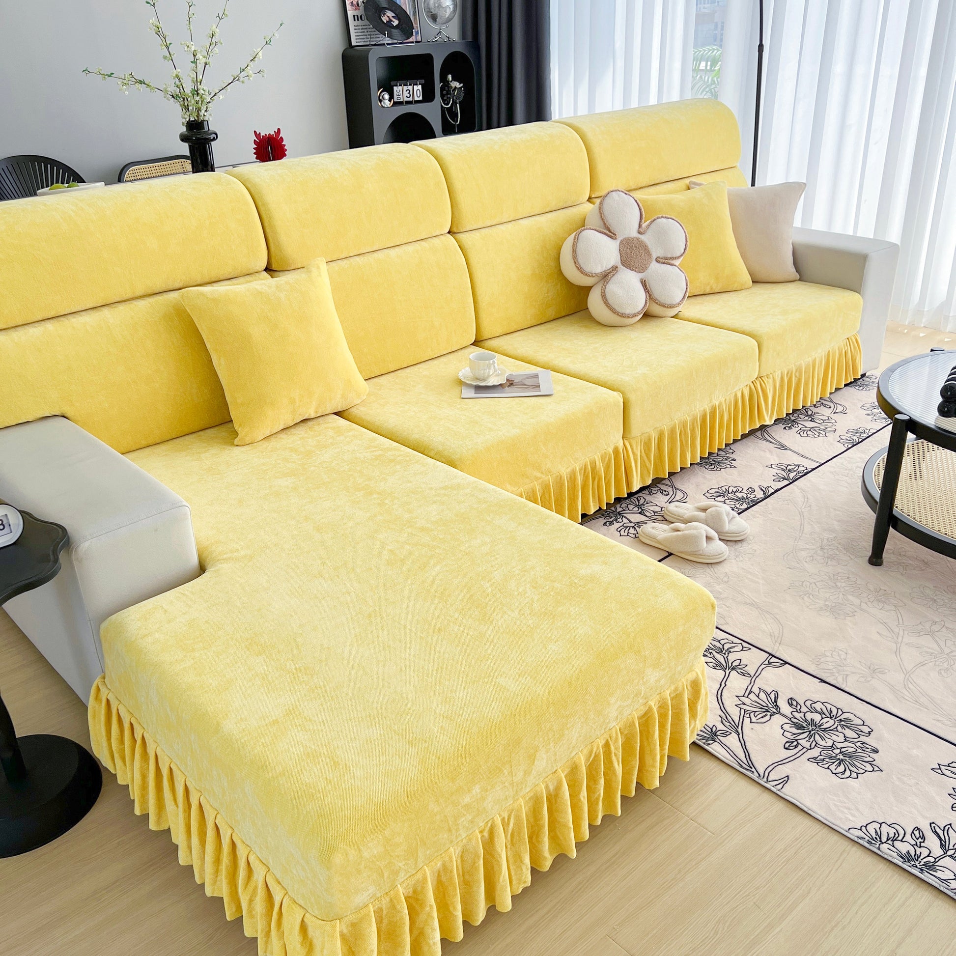 Universal Elastic Skirt Sofa Slipcover in a living room setting, adding style and protection to the furniture.