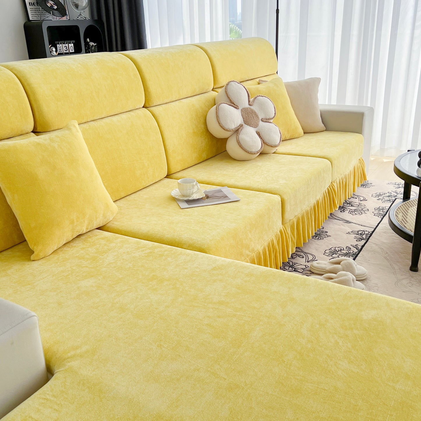 Universal Elastic Skirt Sofa Slipcover, Stretch Sofa Cushion Cover For Bedroom Office Living Room in modern yellow design