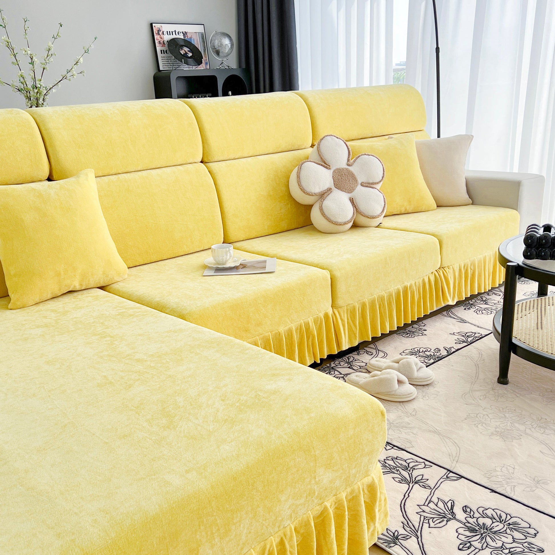 Universal Elastic Skirt Sofa Slipcover, Stretch Sofa Cushion Cover For Bedroom Office Living Room in vibrant yellow chenille fabric
