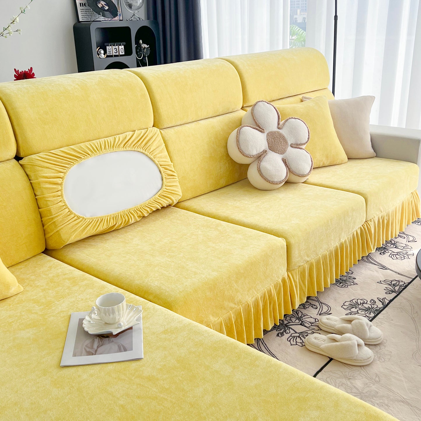 Universal Elastic Skirt Sofa Slipcover, Stretch Sofa Cushion Cover For Bedroom Office Living Room decor in a vibrant setting.