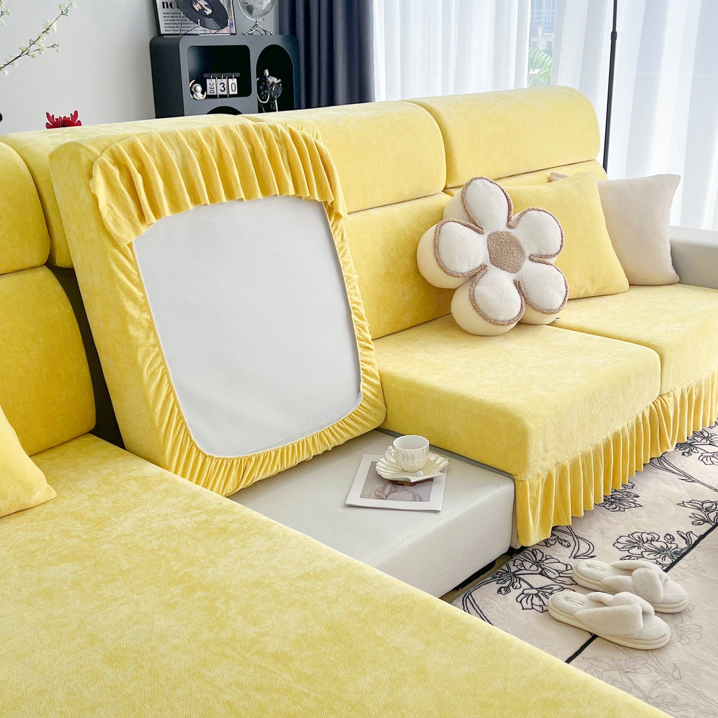 Modern living room with Universal Elastic Skirt Sofa Slipcover, Stretch Sofa Cushion Cover For Bedroom Office Living Room in yellow.