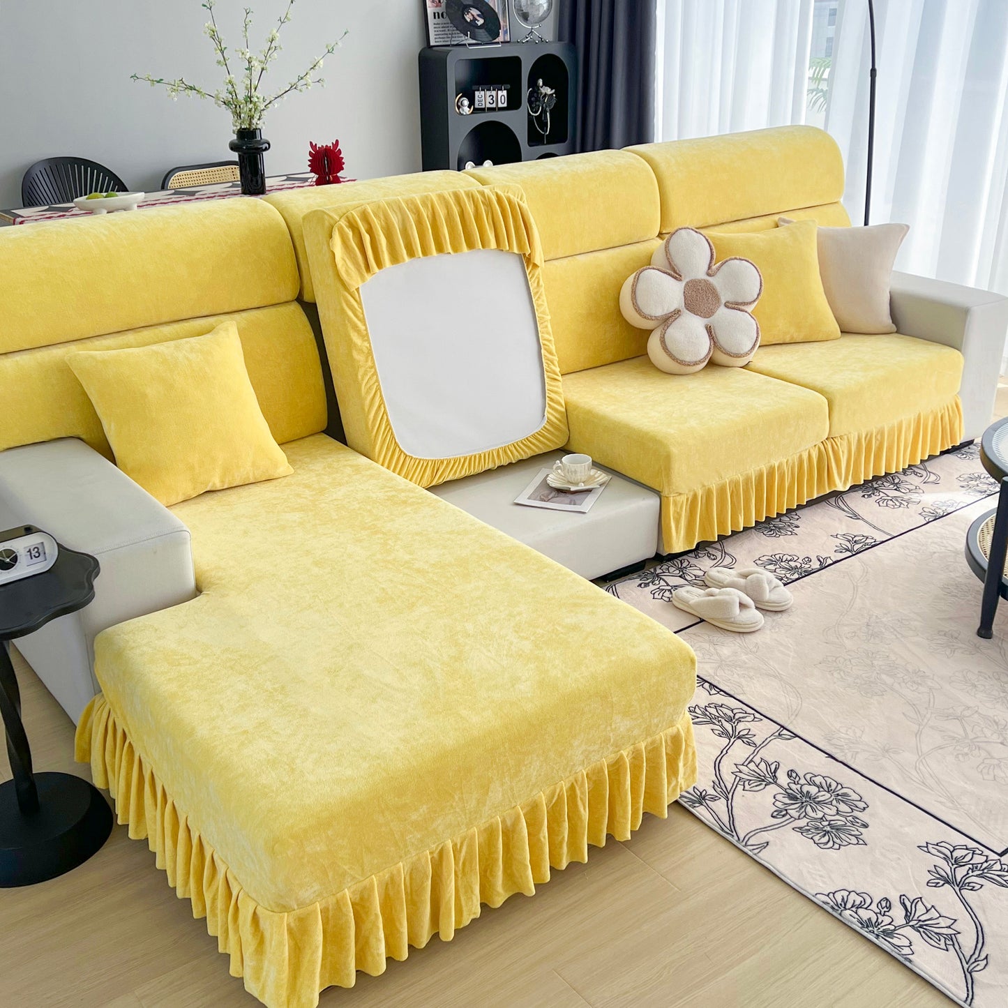 Universal Elastic Skirt Sofa Slipcover, Stretch Sofa Cushion Cover For Bedroom Office Living Room in yellow chenille fabric on a modern sofa