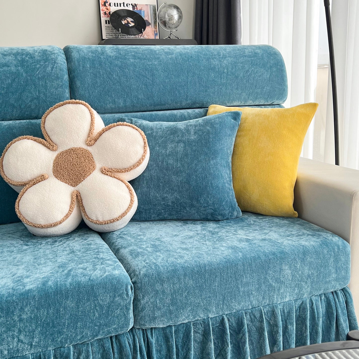 Universal Elastic Skirt Sofa Slipcover, Stretch Sofa Cushion Cover For Bedroom Office Living Room on a blue sofa with decorative pillows
