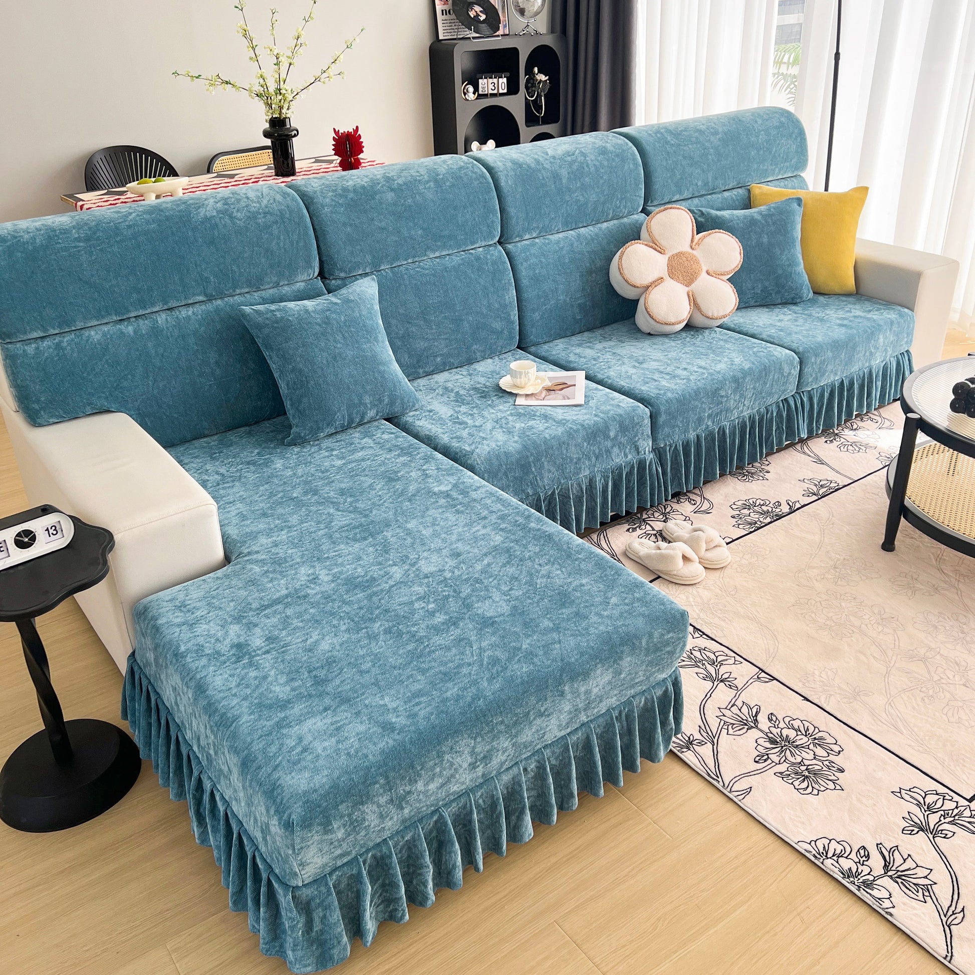 Blue Universal Elastic Skirt Sofa Slipcover, Stretch Sofa Cushion Cover For Bedroom Office Living Room on modern sectional sofa