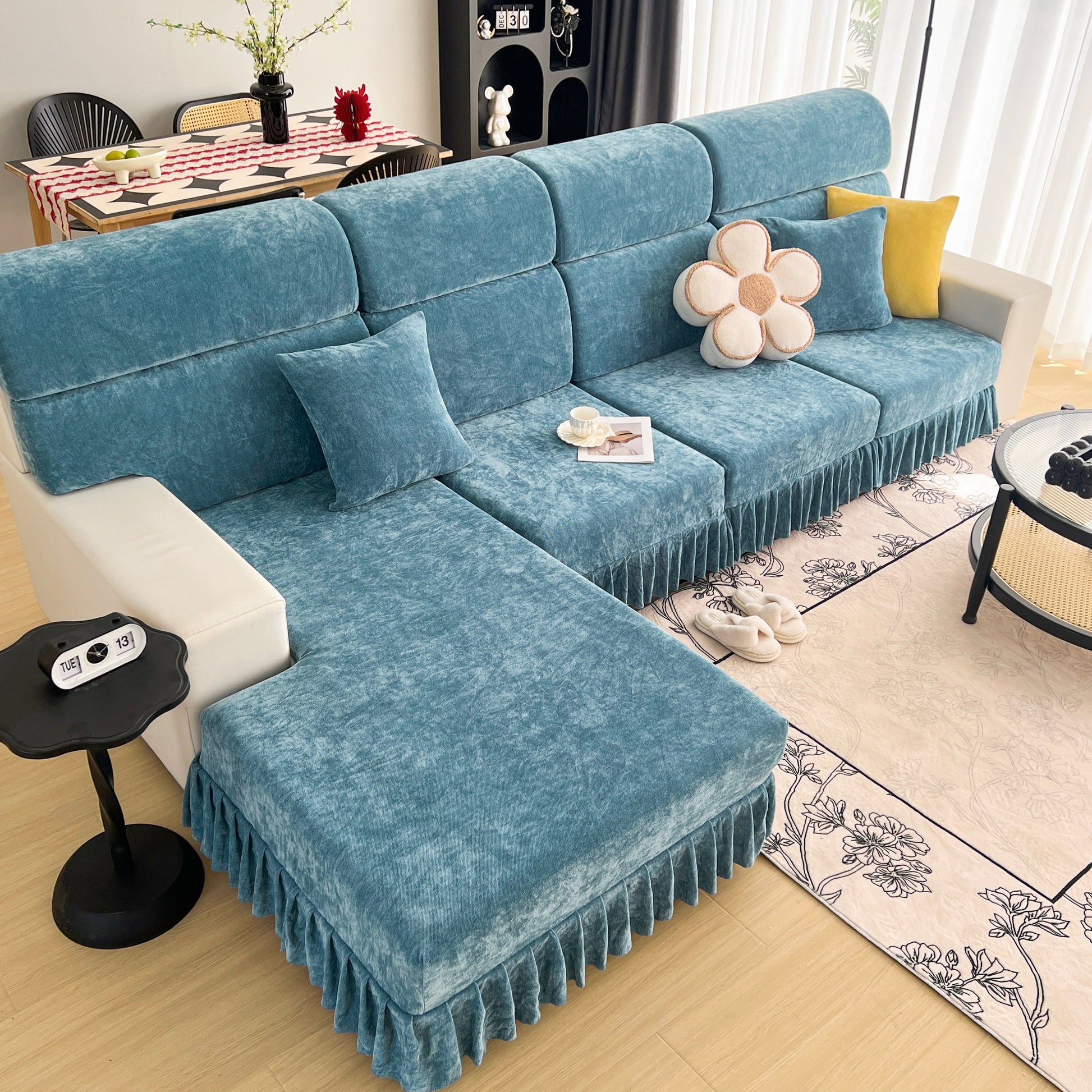 Universal Elastic Skirt Sofa Slipcover, Stretch Sofa Cushion Cover For Bedroom Office Living Room on a modern blue sofa.