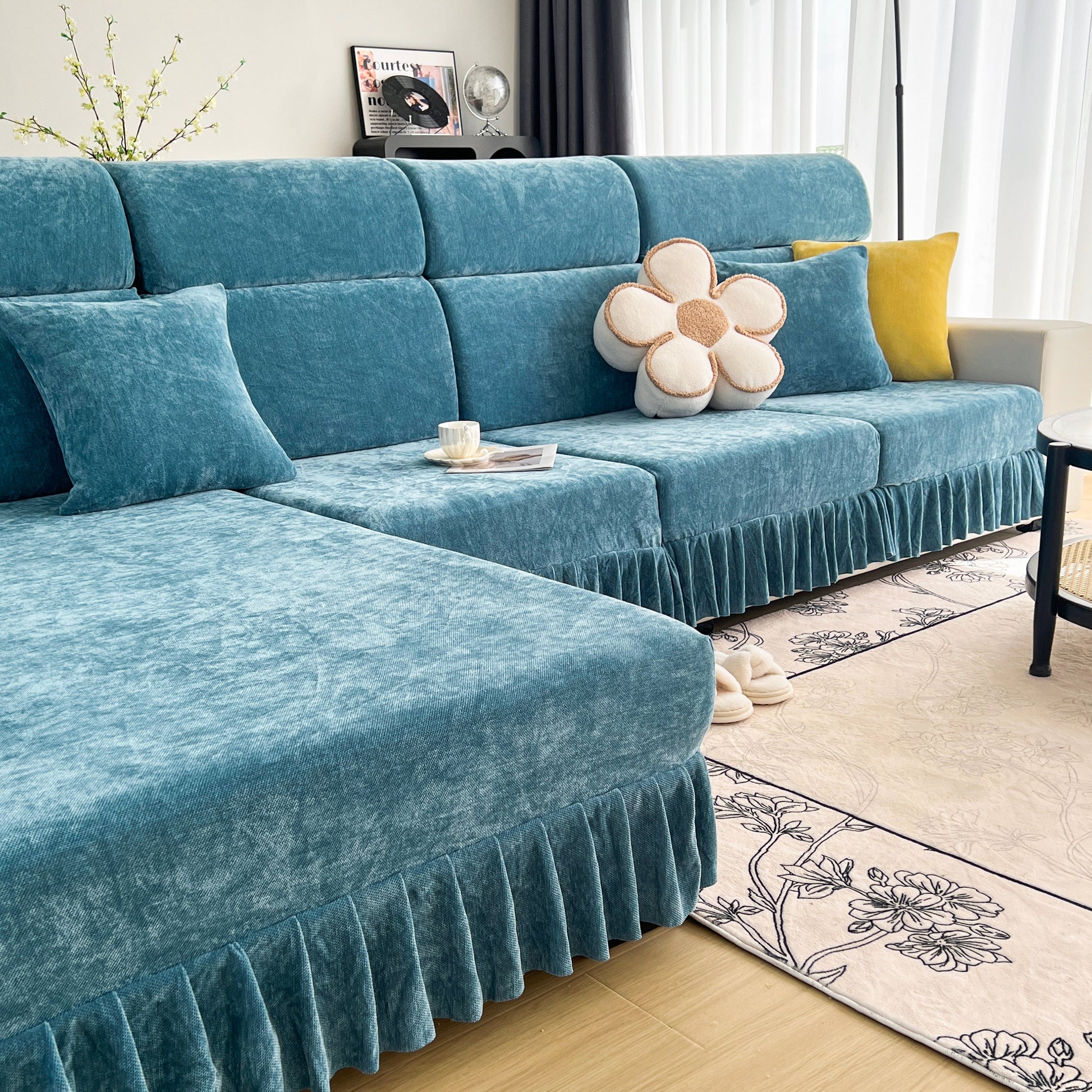 Universal Elastic Skirt Sofa Slipcover, Stretch Sofa Cushion Cover For Bedroom Office Living Room in blue chenille fabric
