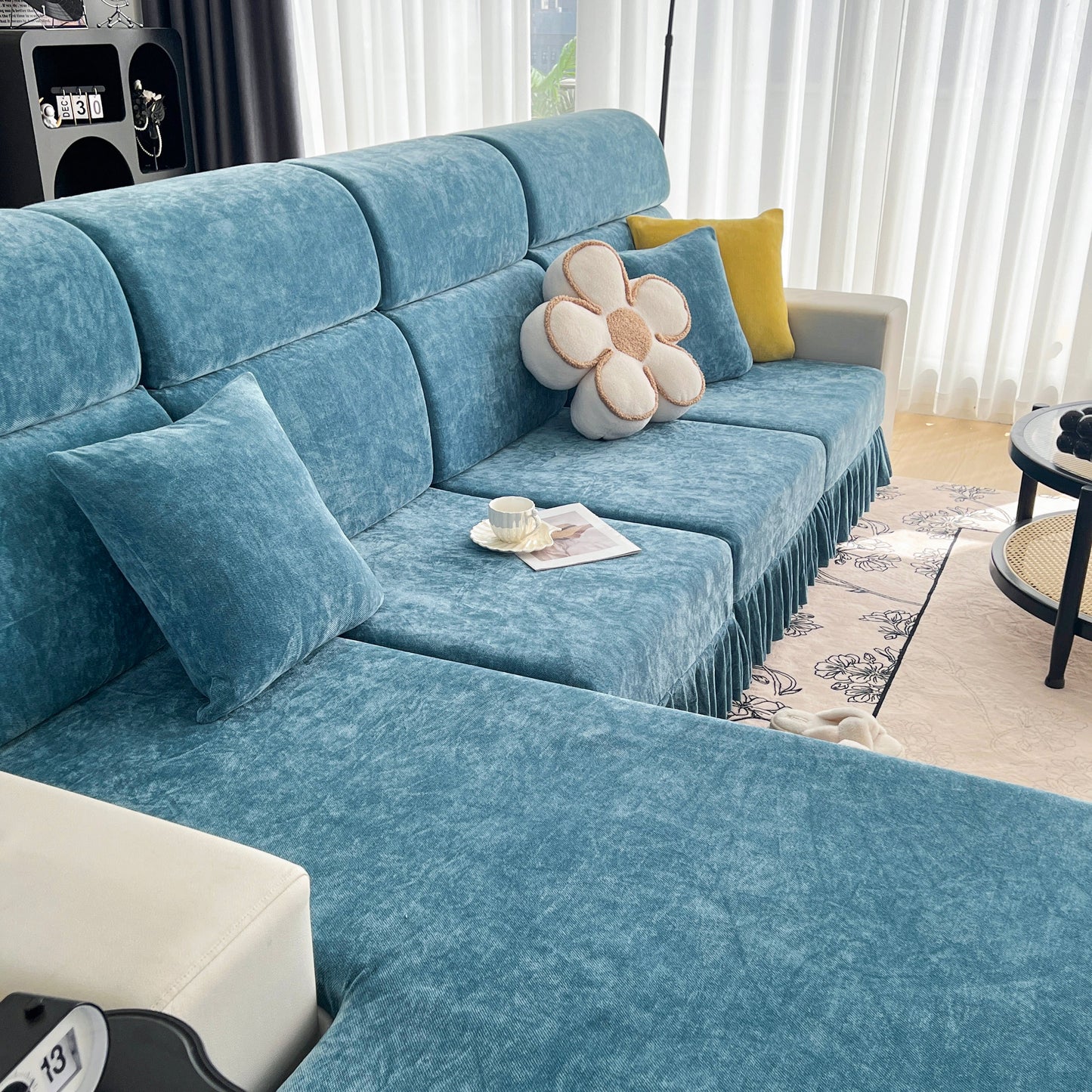 Universal Elastic Skirt Sofa Slipcover, Stretch Sofa Cushion Cover For Bedroom Office Living Room in elegant blue chenille fabric