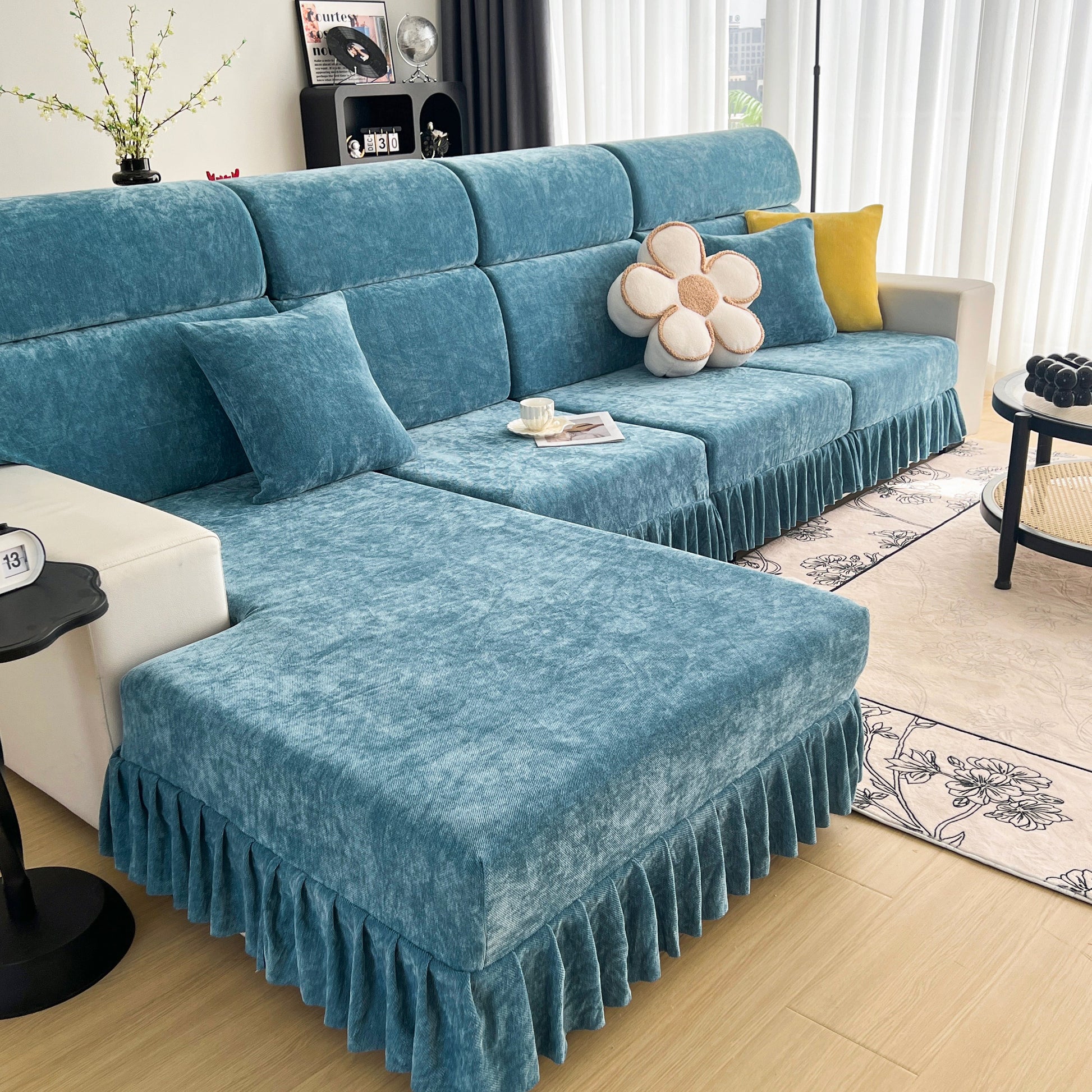 Universal Elastic Skirt Sofa Slipcover on blue sofa in modern living room