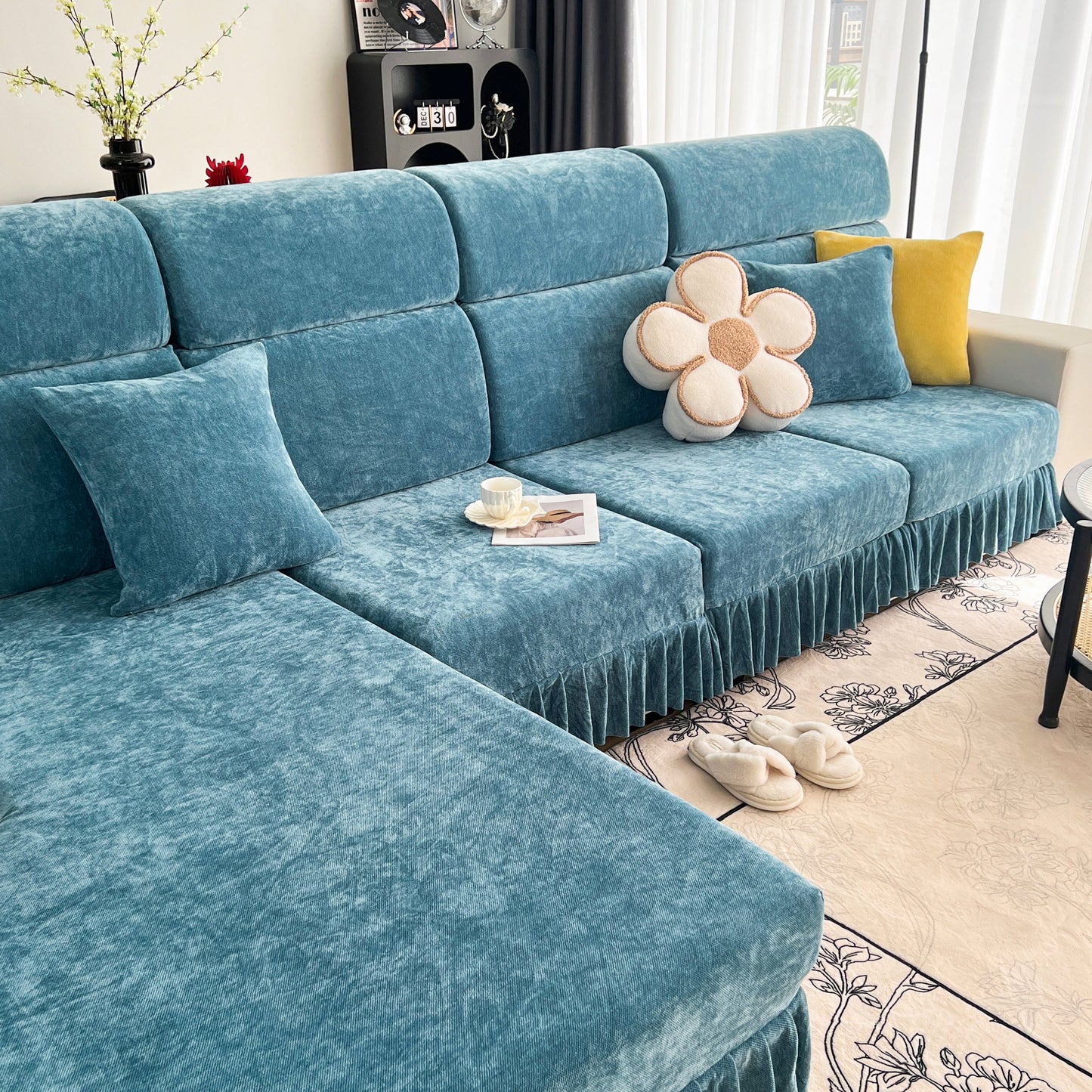 Universal Elastic Skirt Sofa Slipcover, Stretch Sofa Cushion Cover For Bedroom Office Living Room in blue Chenille fabric