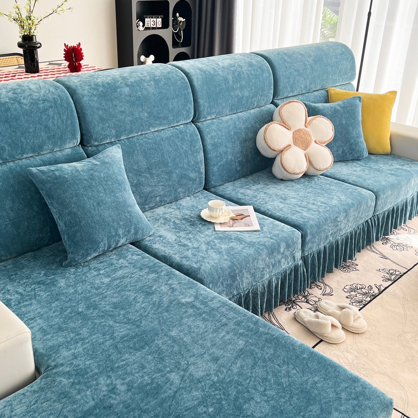 Universal Elastic Skirt Sofa Slipcover, Stretch Sofa Cushion Cover For Bedroom Office Living Room in blue on modern sofa.