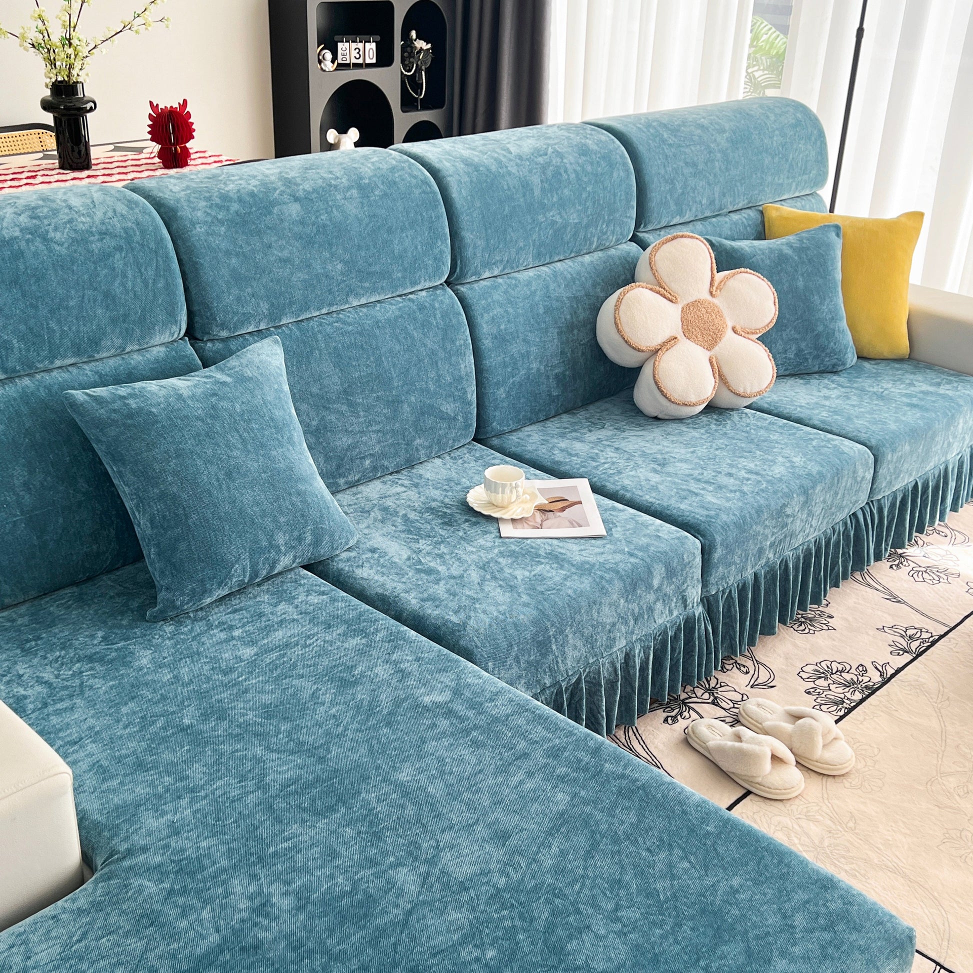 Universal Elastic Skirt Sofa Slipcover, Stretch Sofa Cushion Cover For Bedroom Office Living Room in blue on modern sofa.