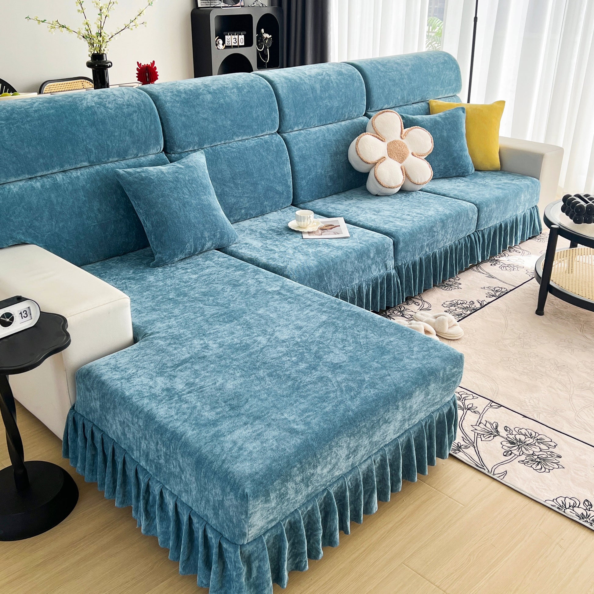 Universal Elastic Skirt Sofa Slipcover, Stretch Sofa Cushion Cover For Bedroom Office Living Room in chic blue design