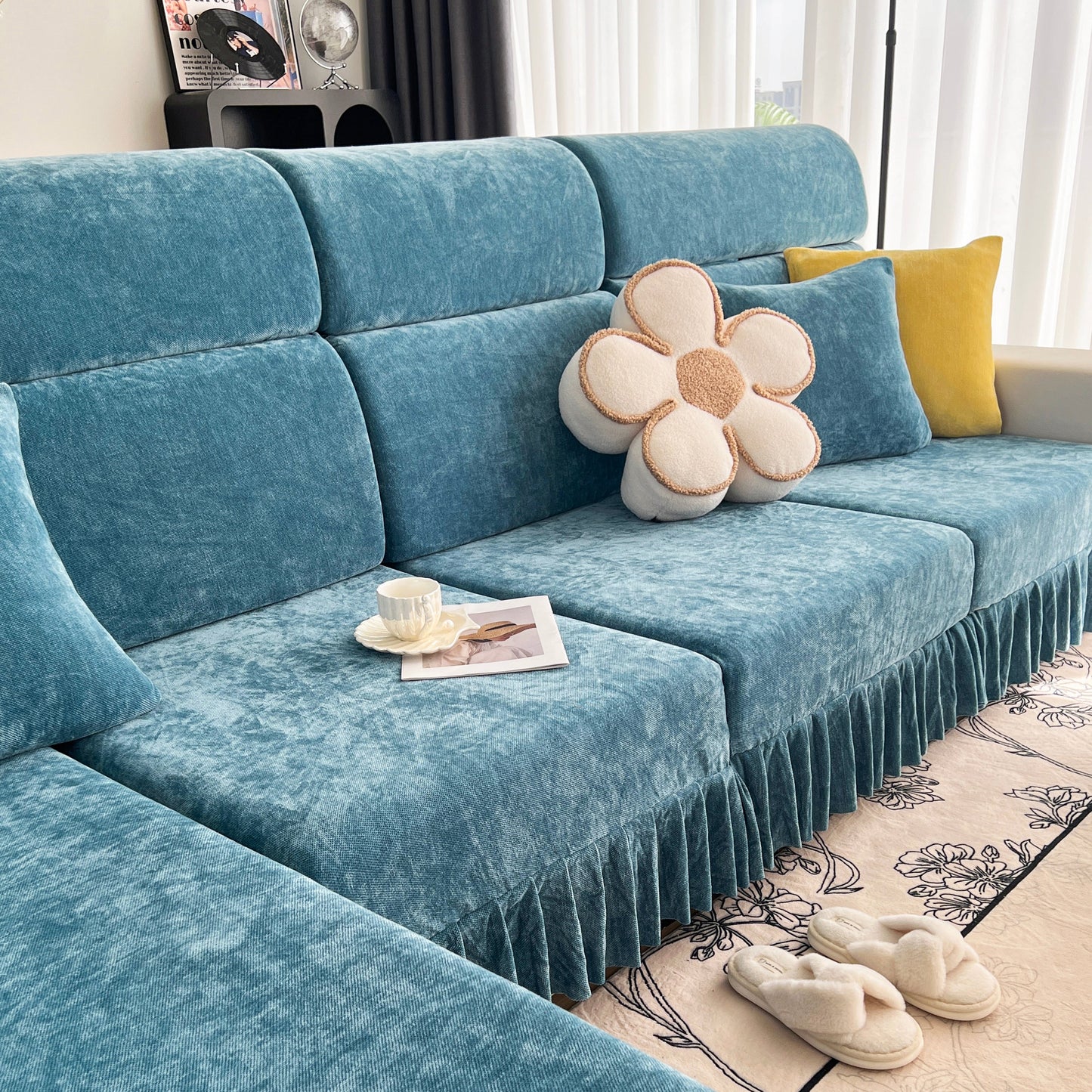 Universal Elastic Skirt Sofa Slipcover, Stretch Sofa Cushion Cover For Bedroom Office Living Room in a stylish setting.