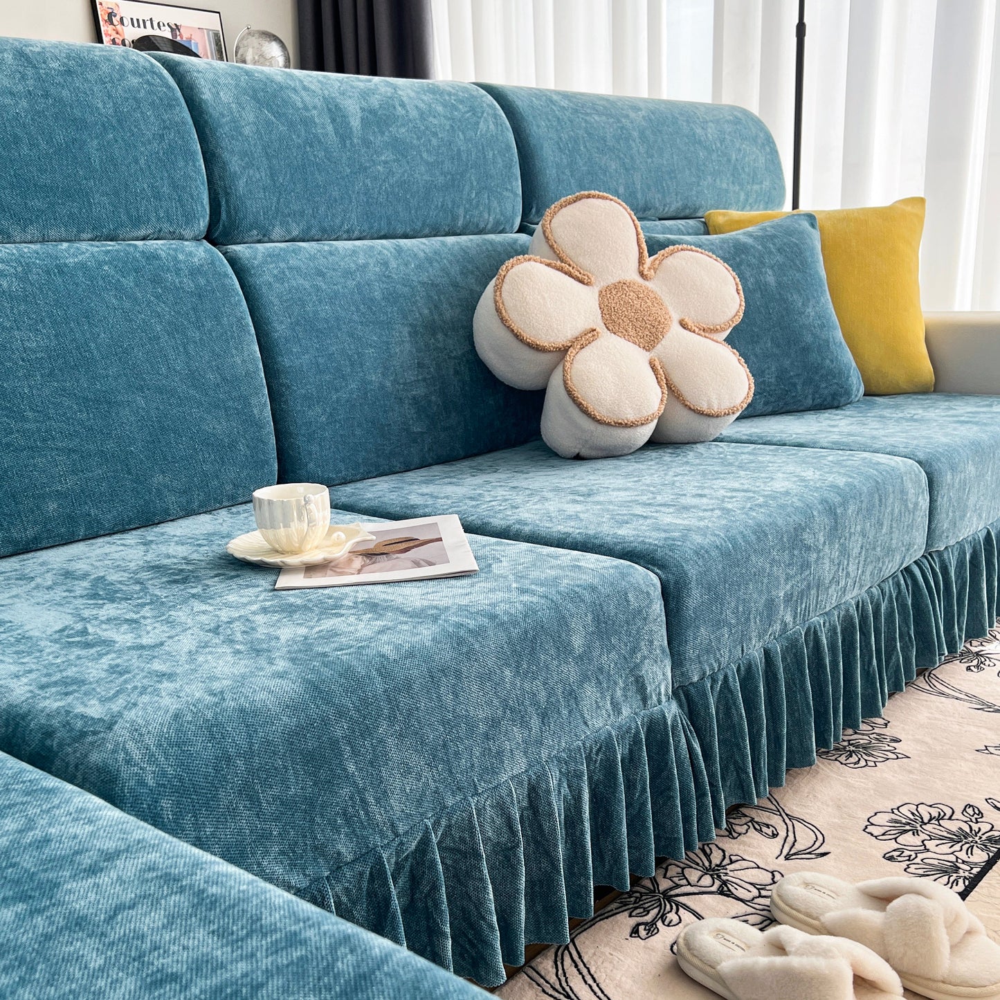 Universal Elastic Skirt Sofa Slipcover, Stretch Sofa Cushion Cover For Bedroom Office Living Room on a blue sofa with decorative pillows