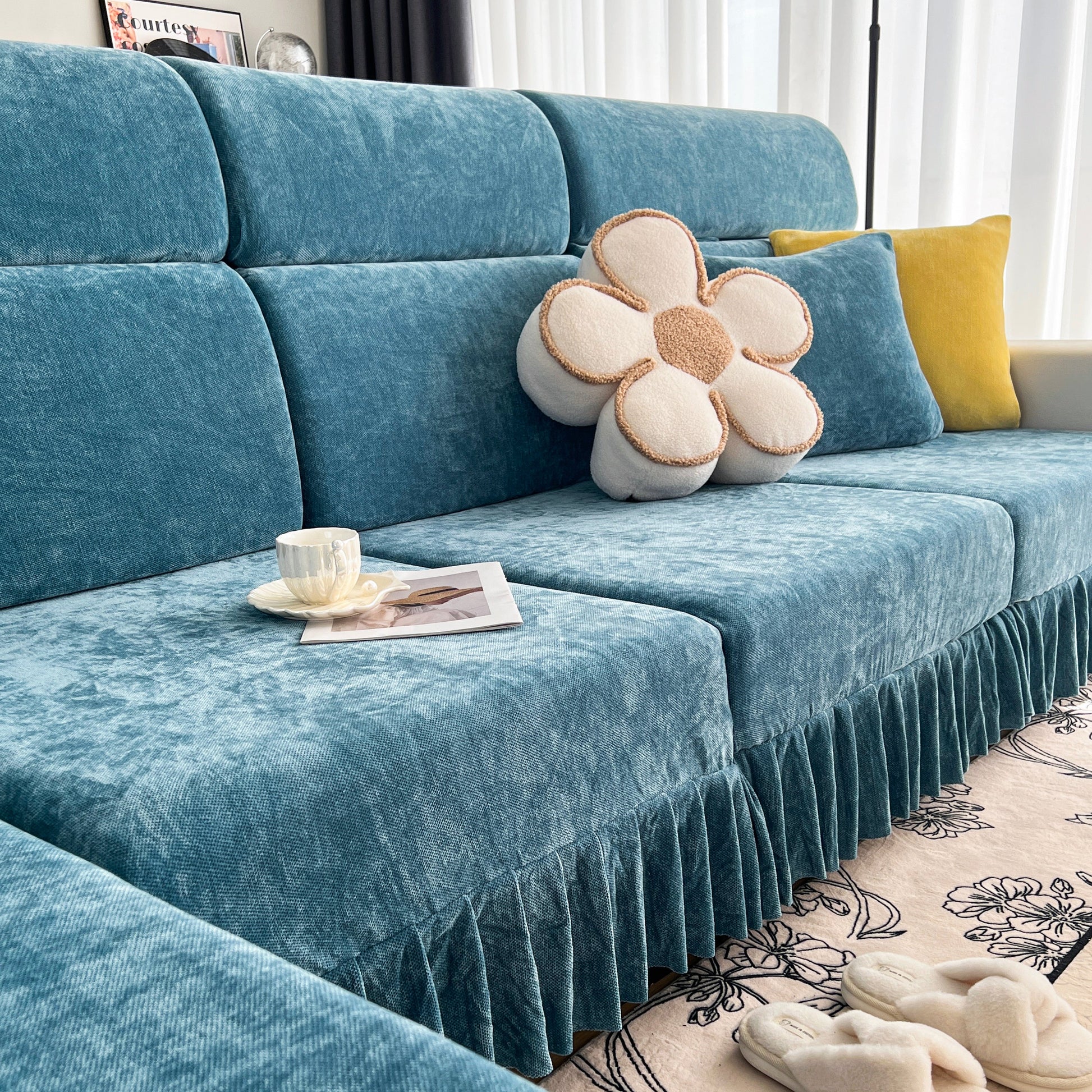 Universal Elastic Skirt Sofa Slipcover, Stretch Sofa Cushion Cover For Bedroom Office Living Room on a blue sofa with decorative pillows