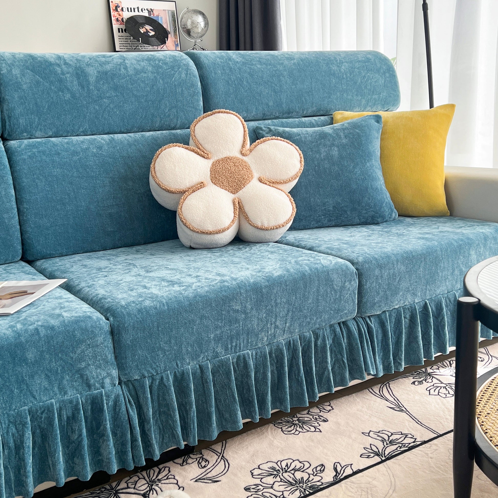 Universal Elastic Skirt Sofa Slipcover, Stretch Sofa Cushion Cover For Bedroom Office Living Room in blue with decorative pillows