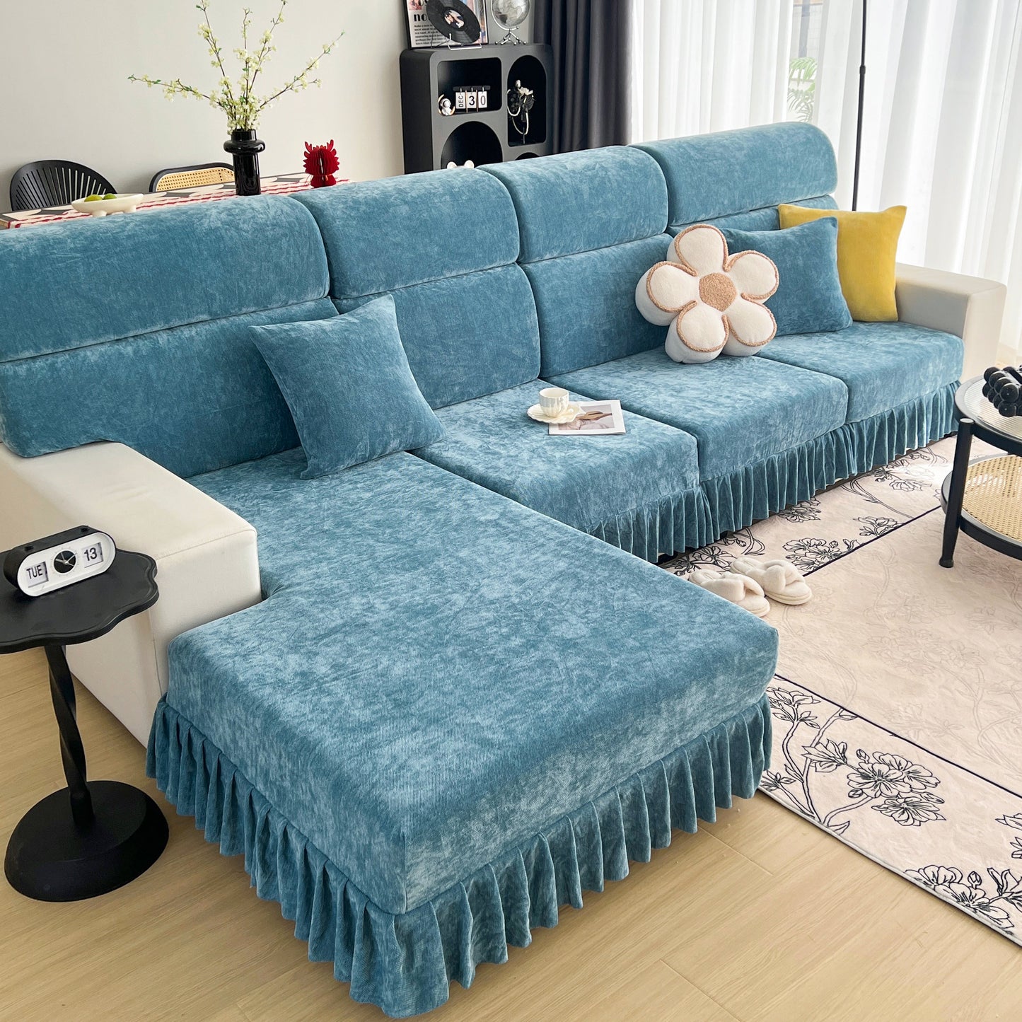 Universal Elastic Skirt Sofa Slipcover, Stretch Sofa Cushion Cover For Bedroom Office Living Room in luxurious teal chenille.