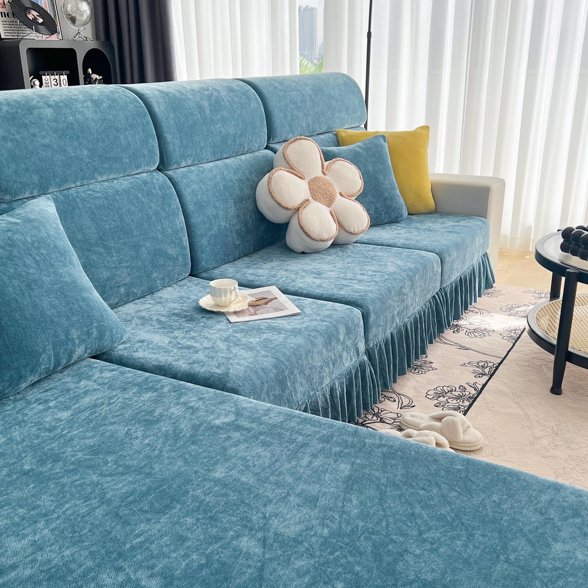 Universal Elastic Skirt Sofa Slipcover, Stretch Sofa Cushion Cover For Bedroom Office Living Room in blue on a modern sofa