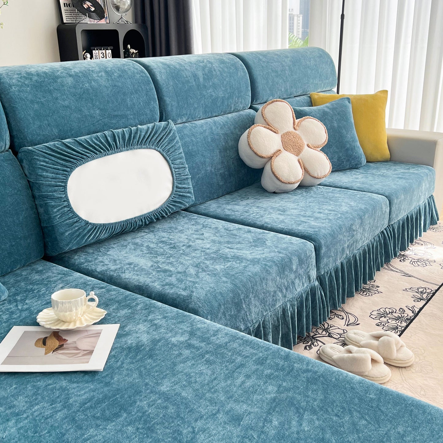 Universal Elastic Skirt Sofa Slipcover, Stretch Sofa Cushion Cover For Bedroom Office Living Room on a blue sofa