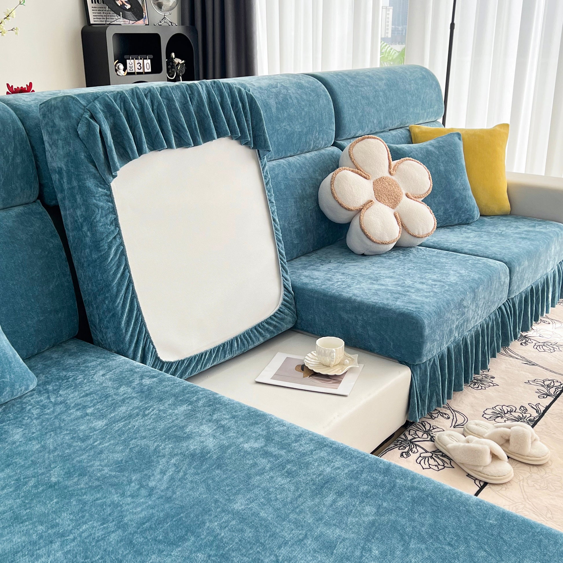 Universal Elastic Skirt Sofa Slipcover, Stretch Sofa Cushion Cover For Bedroom Office Living Room in luxurious blue Chenille fabric.