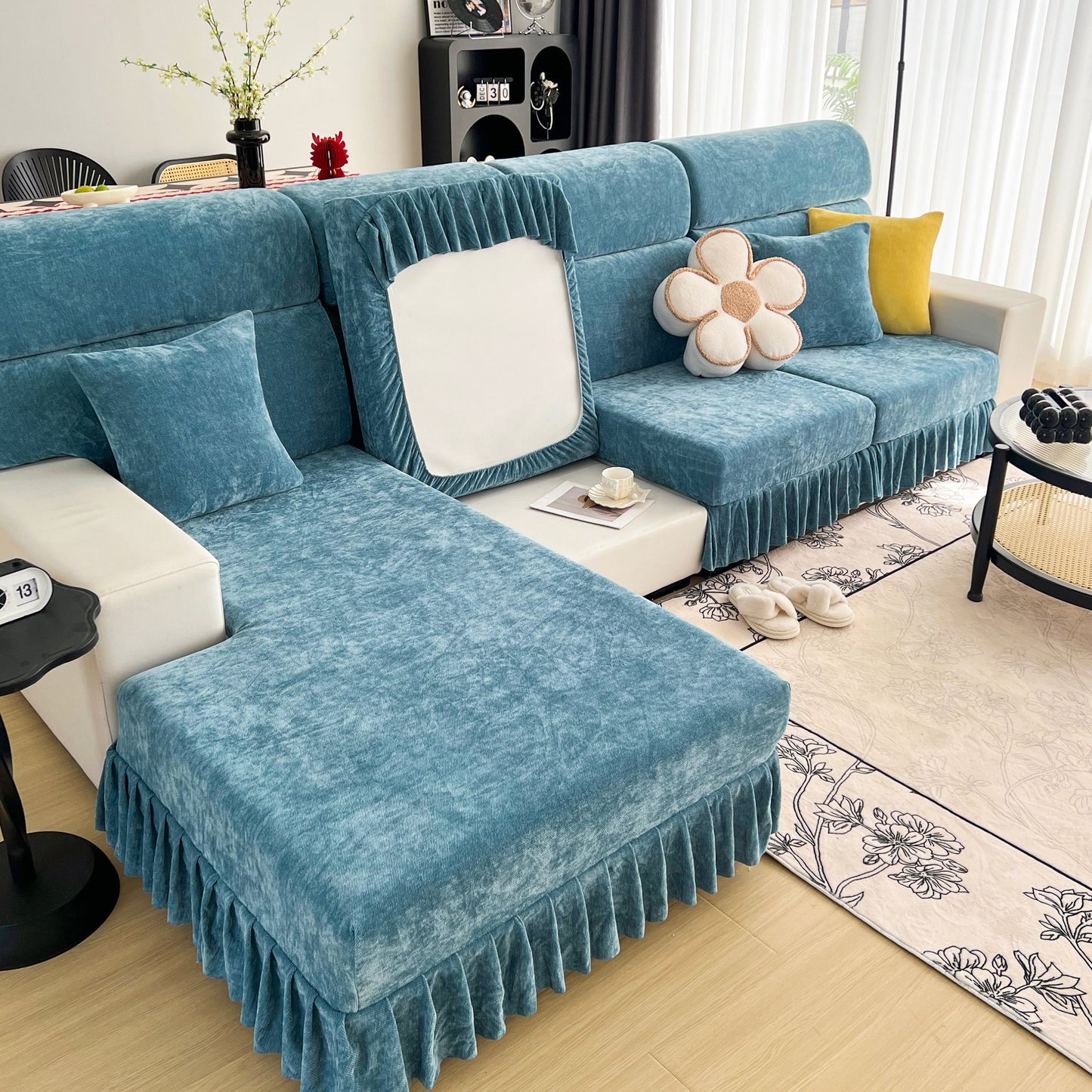 Universal Elastic Skirt Sofa Slipcover, Stretch Sofa Cushion Cover For Bedroom Office Living Room in blue, enhancing a stylish interior.