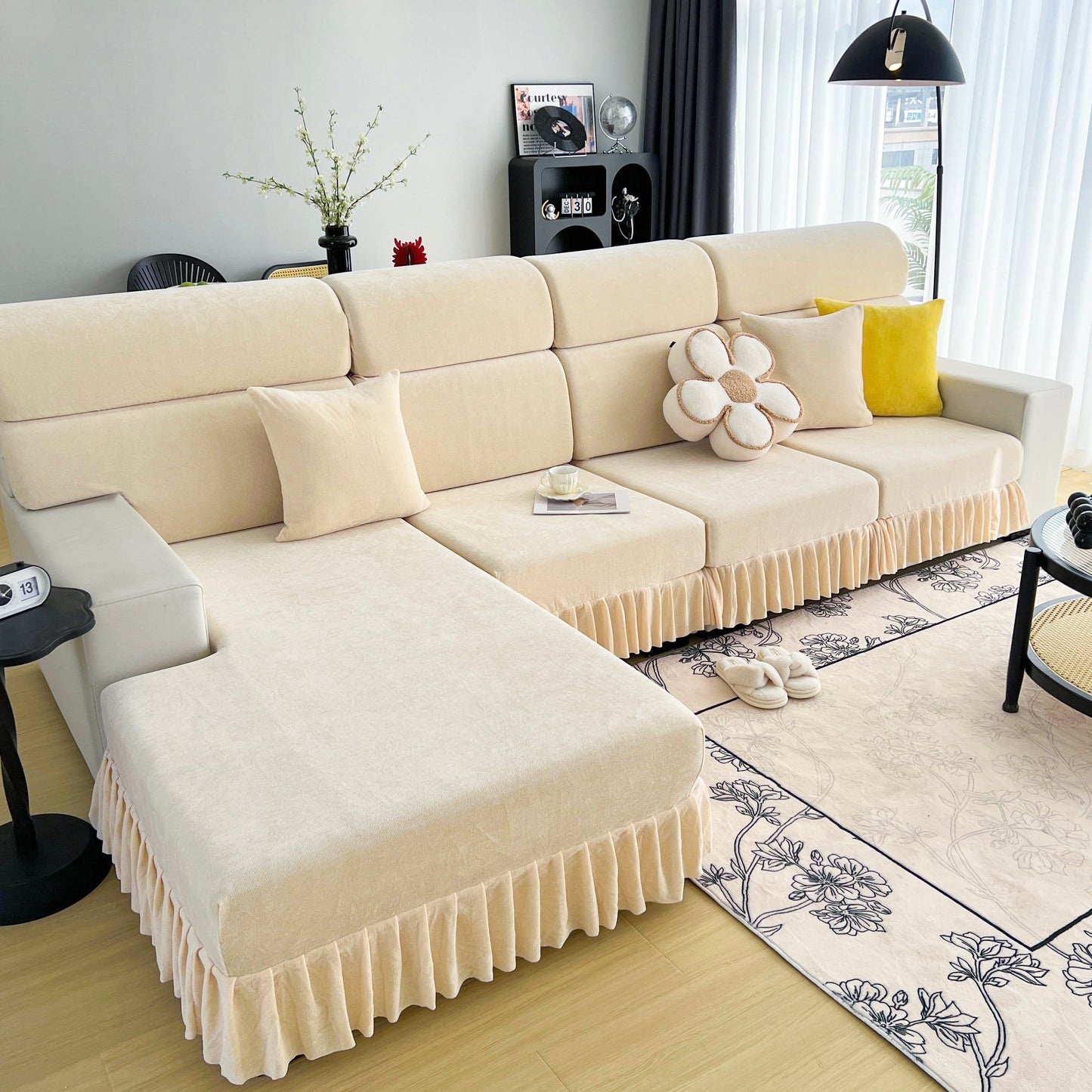 Universal Elastic Skirt Sofa Slipcover, Stretch Sofa Cushion Cover For Bedroom Office Living Room on beige sectional sofa