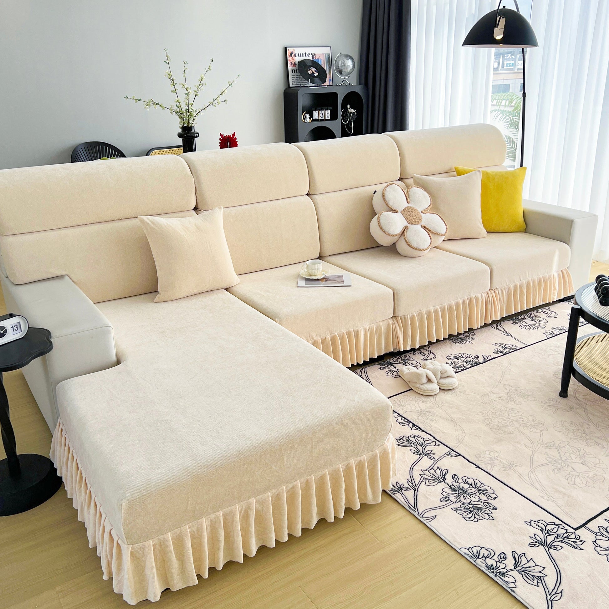 Universal Elastic Skirt Sofa Slipcover, Stretch Sofa Cushion Cover For Bedroom Office Living Room on beige sectional sofa