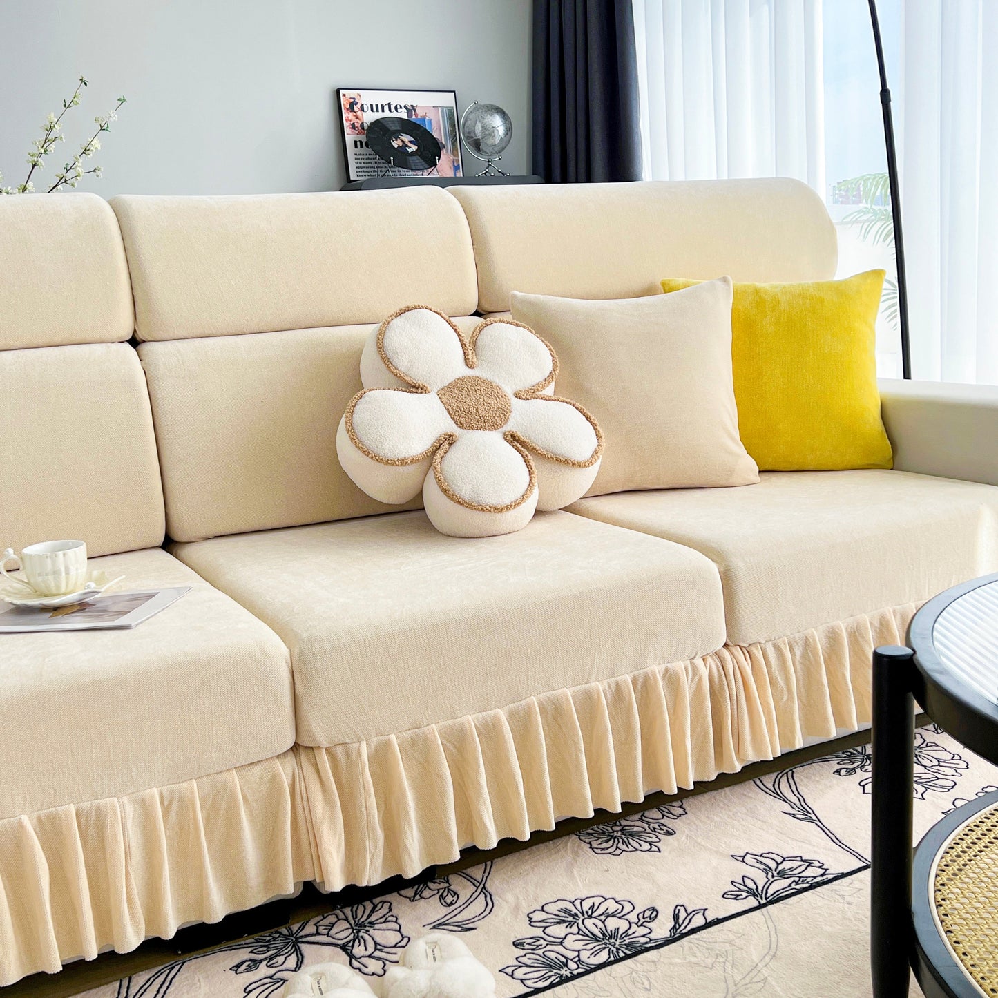 Universal Elastic Skirt Sofa Slipcover, Stretch Sofa Cushion Cover For Bedroom Office Living Room on beige sofa with floral pillow