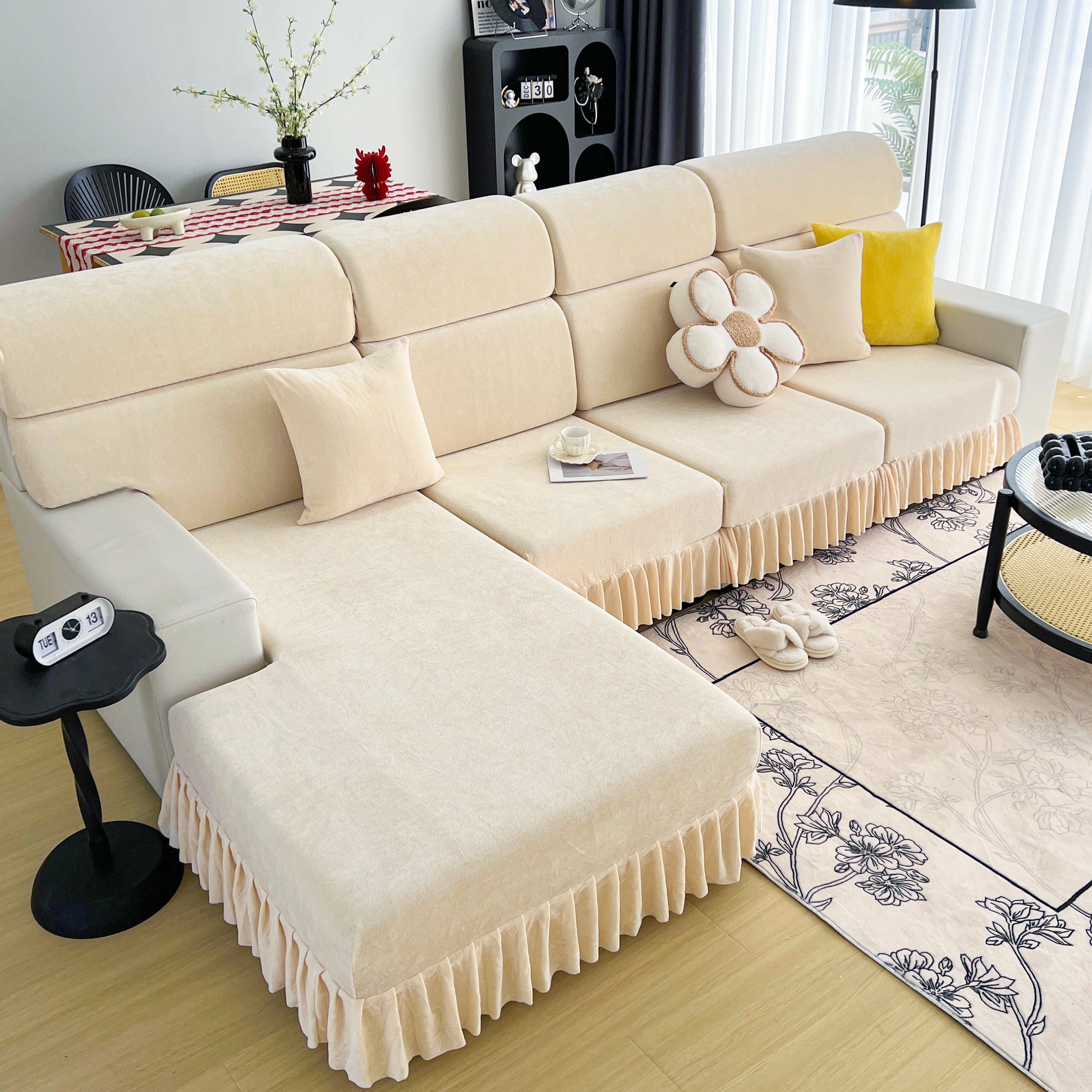 Universal Elastic Skirt Sofa Slipcover, Stretch Sofa Cushion Cover For Bedroom Office Living Room on a beige sectional sofa