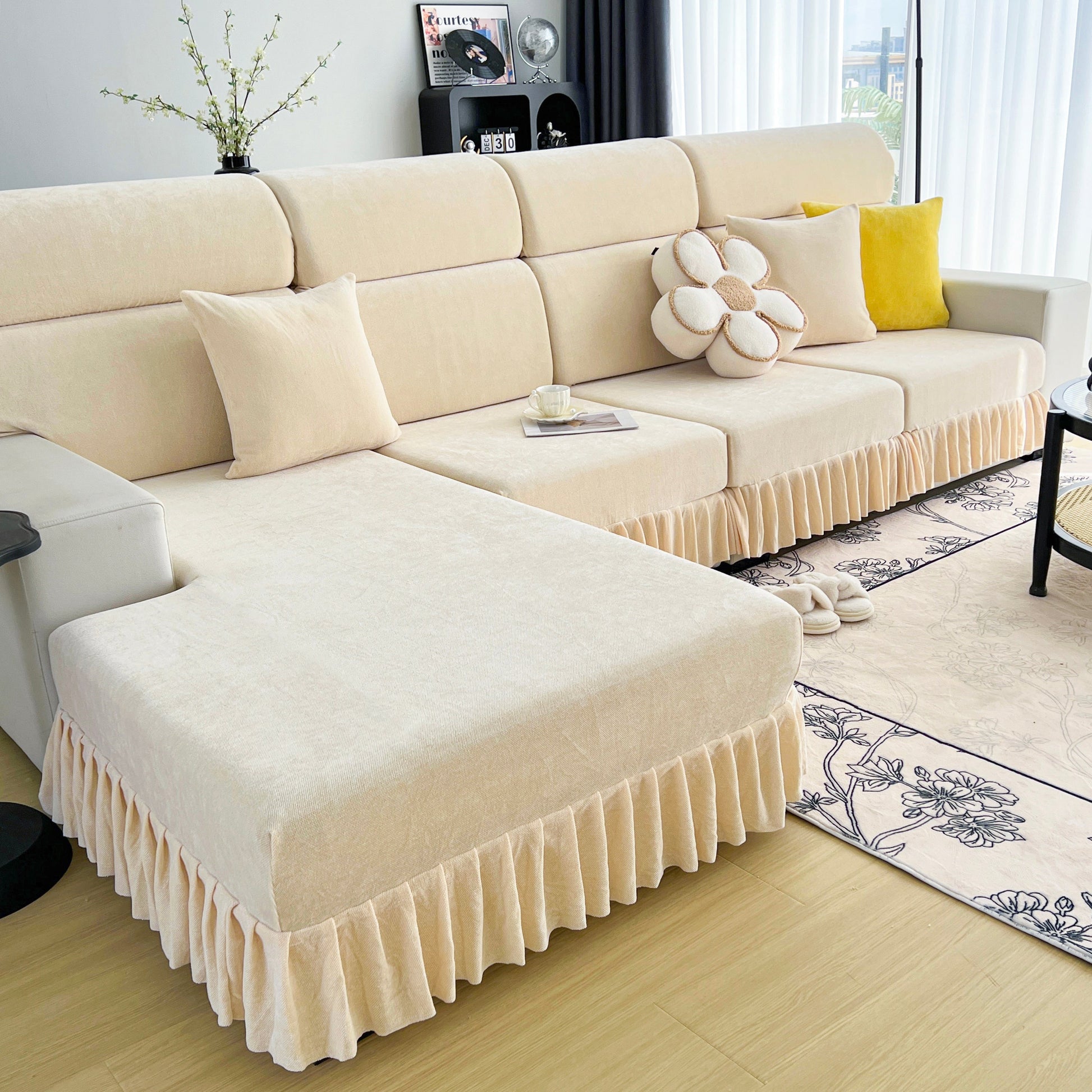 Universal Elastic Skirt Sofa Slipcover on modern beige sofa in living room setting