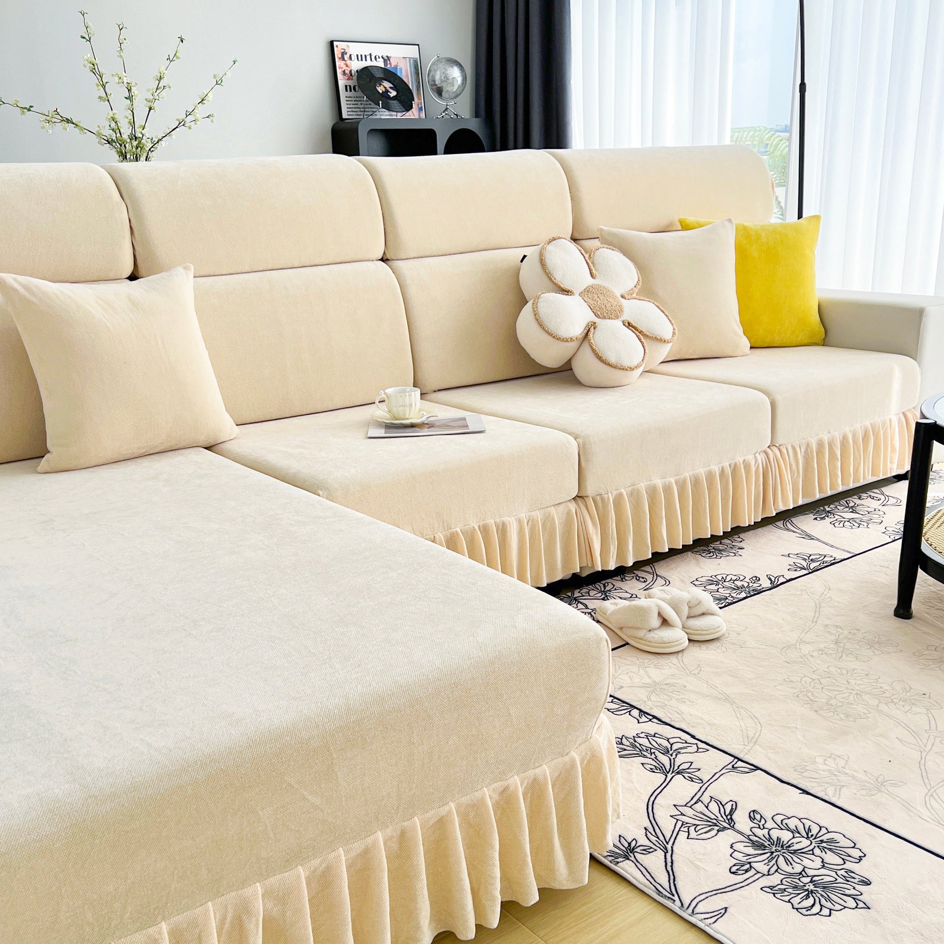 Universal Elastic Skirt Sofa Slipcover, Stretch Sofa Cushion Cover For Bedroom Office Living Room in a modern beige setting