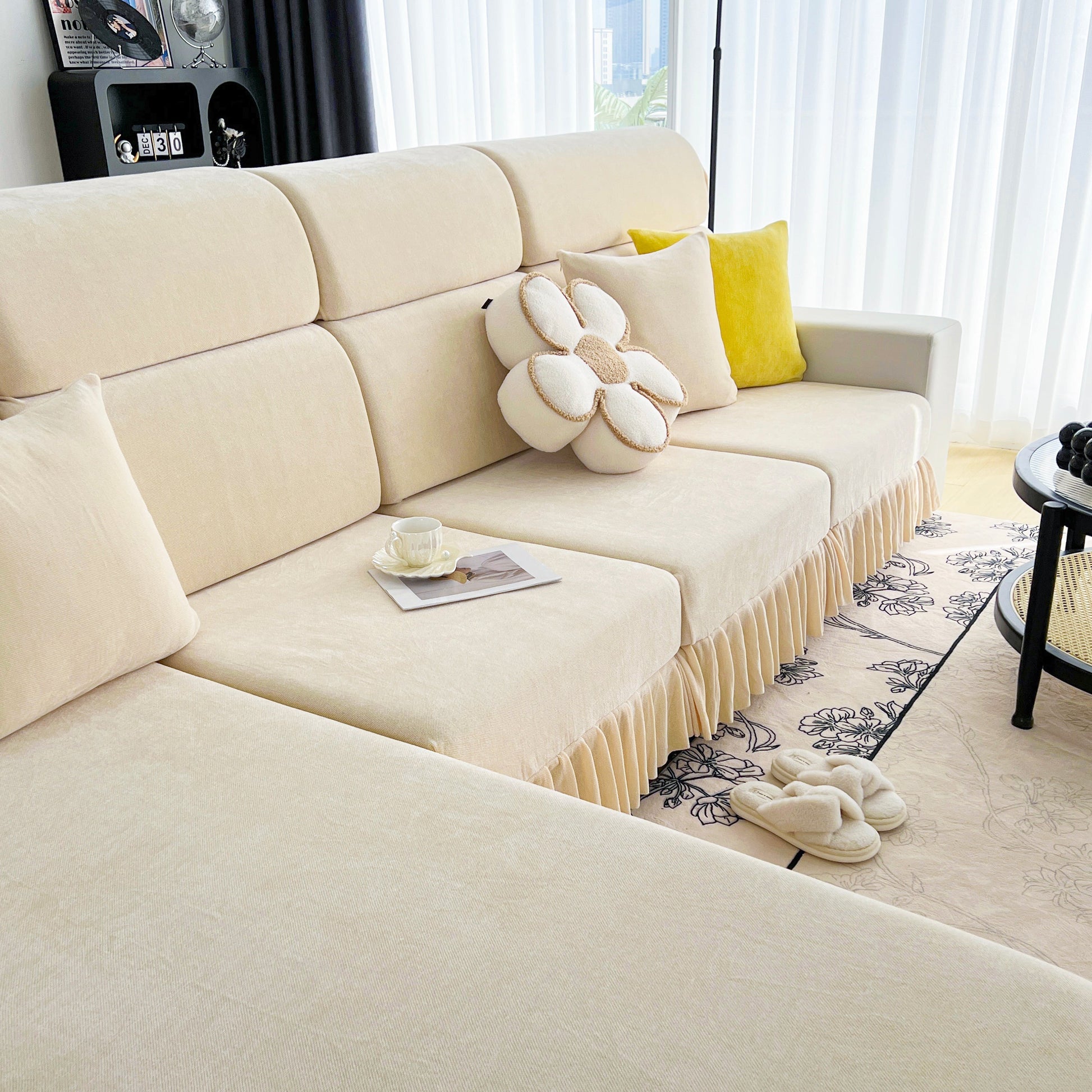 Universal Elastic Skirt Sofa Slipcover, Stretch Sofa Cushion Cover For Bedroom Office Living Room in beige on stylish sofa.