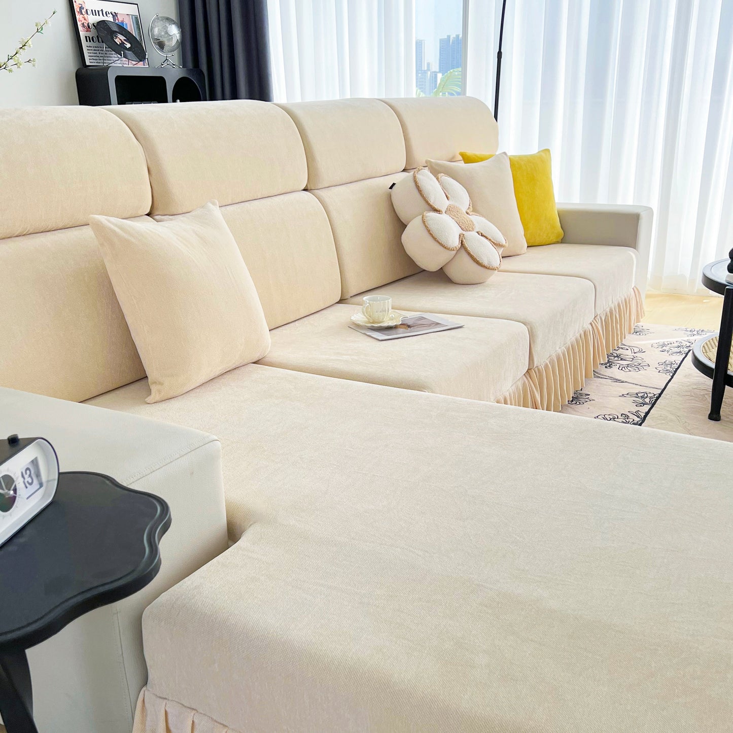 Universal Elastic Skirt Sofa Slipcover on beige sofa in modern living room