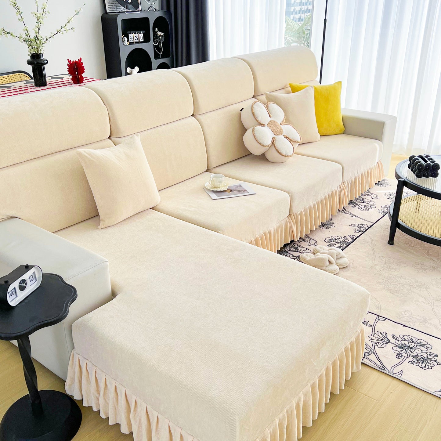 Universal Elastic Skirt Sofa Slipcover, Stretch Sofa Cushion Cover For Bedroom Office Living Room on a beige sectional sofa