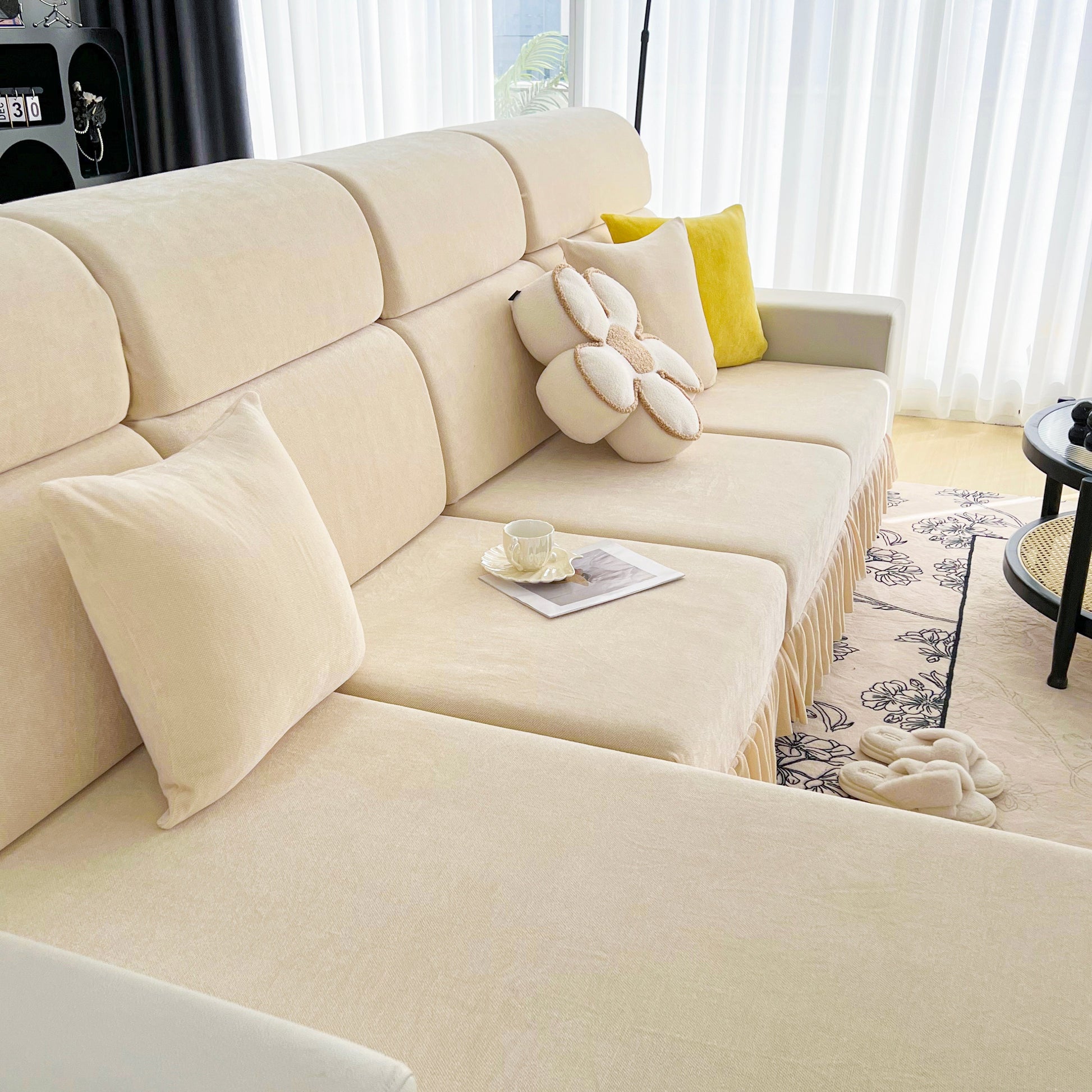 Universal Elastic Skirt Sofa Slipcover, Stretch Sofa Cushion Cover For Bedroom Office Living Room on beige couch