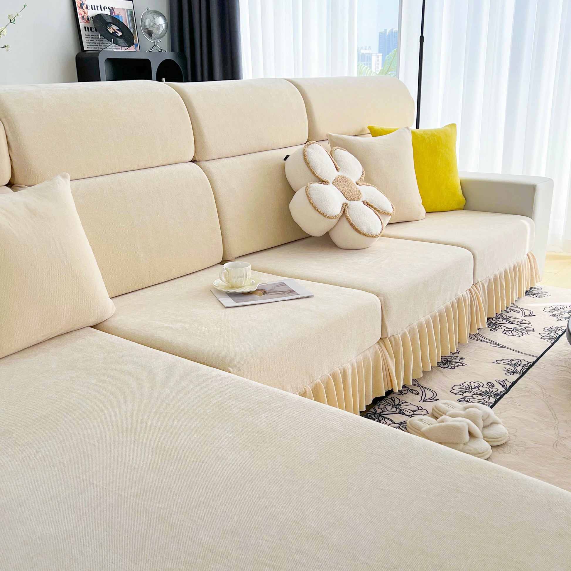 Universal Elastic Skirt Sofa Slipcover, Stretch Sofa Cushion Cover For Bedroom Office Living Room on beige sofa set