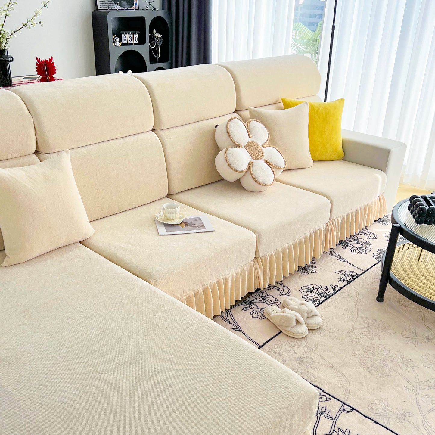Universal Elastic Skirt Sofa Slipcover, Stretch Sofa Cushion Cover For Bedroom Office Living Room on beige couch.