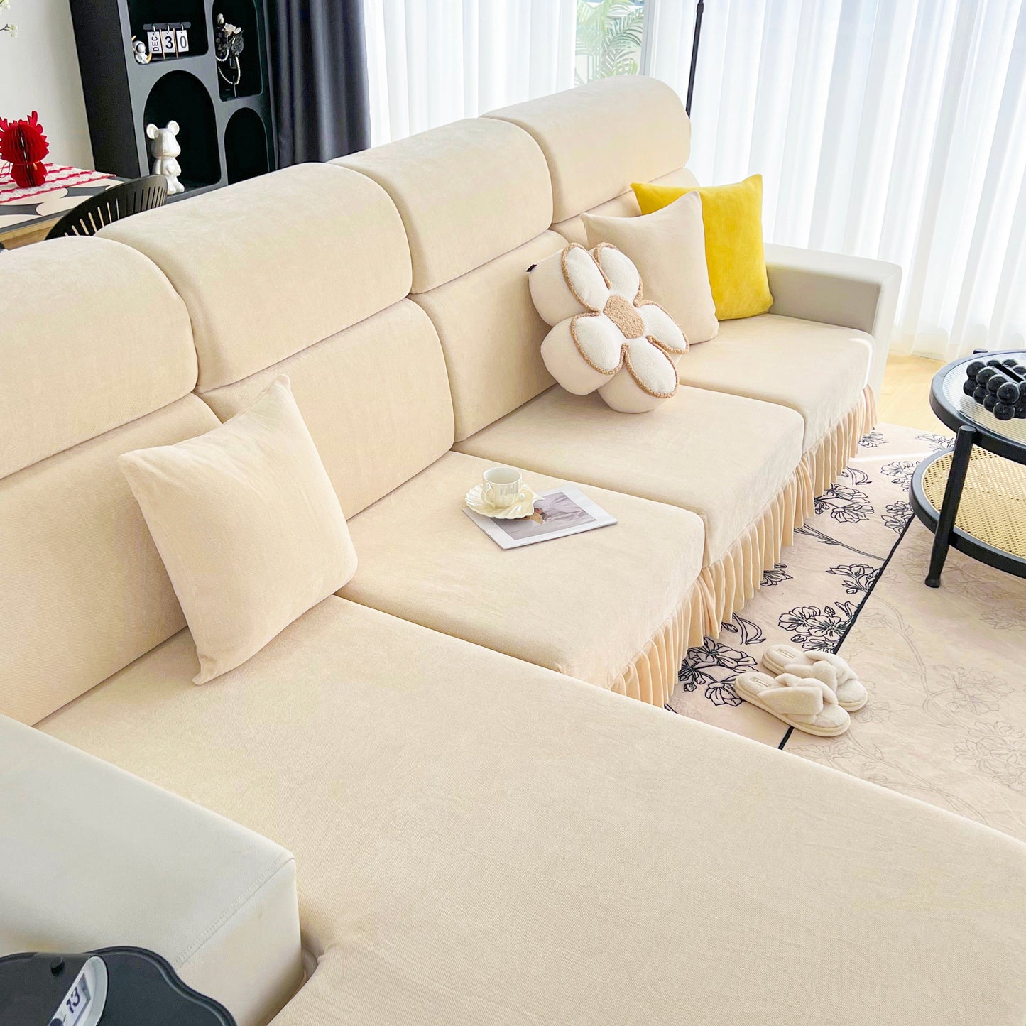 Universal Elastic Skirt Sofa Slipcover, Stretch Sofa Cushion Cover For Bedroom Office Living Room on a modern beige sofa.